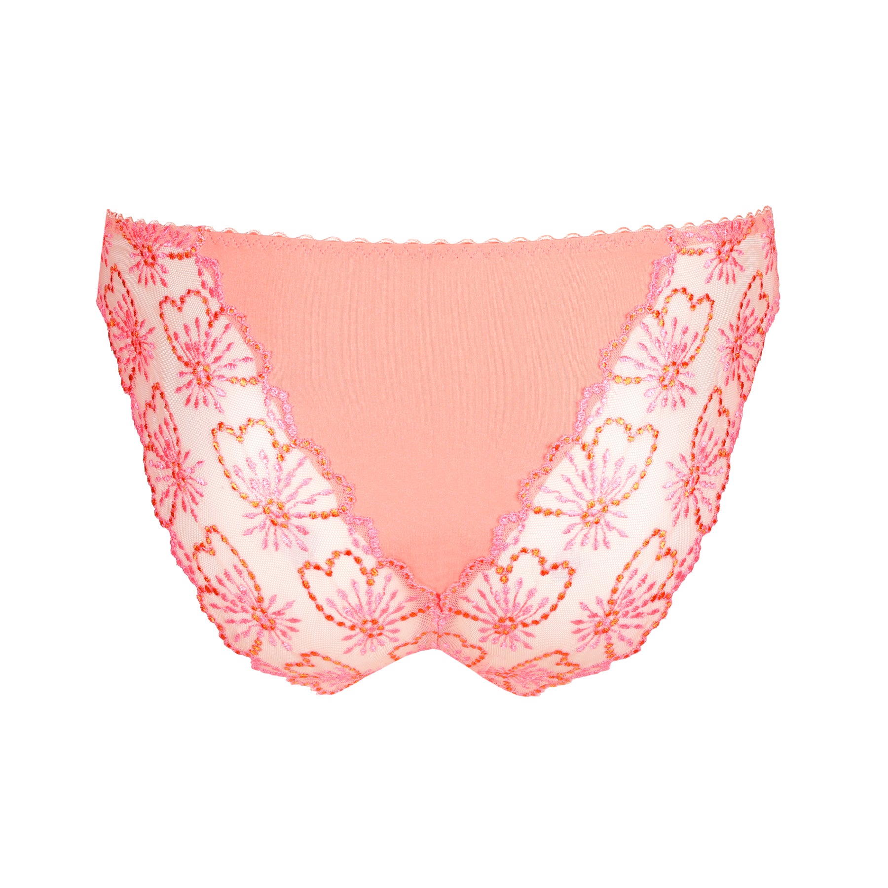 A flay layout of Italian brief by Marie Jo in peachy pink colour, showing lace, back view.