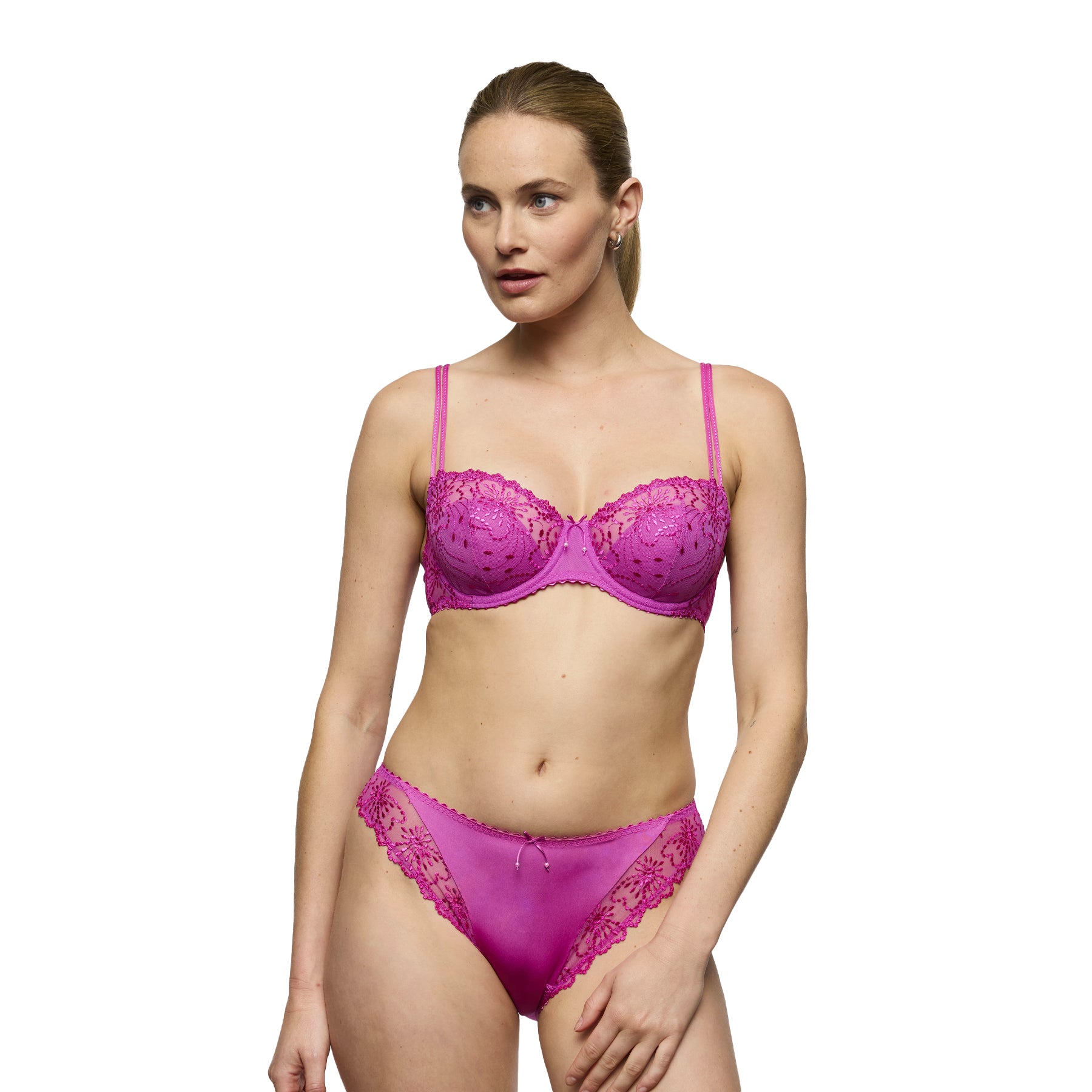 Model wearing Marie Jo Jane Italian brief in Orchid Bliss with satin front and floral lace details