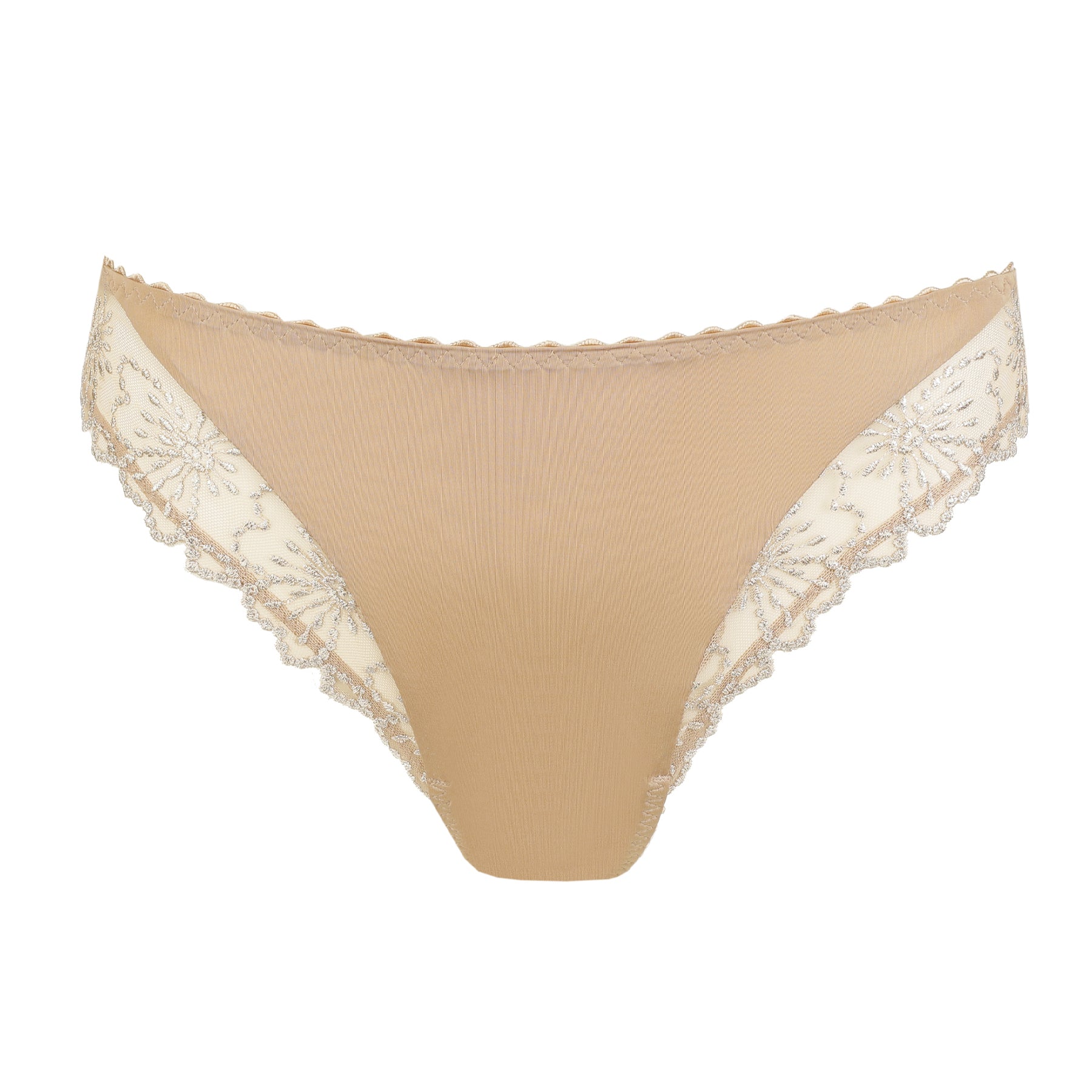 Marie Jo Jane thong in Sand with elegant embroidered lace sides, soft microfiber front panel, and minimal back coverage for an invisible look.
