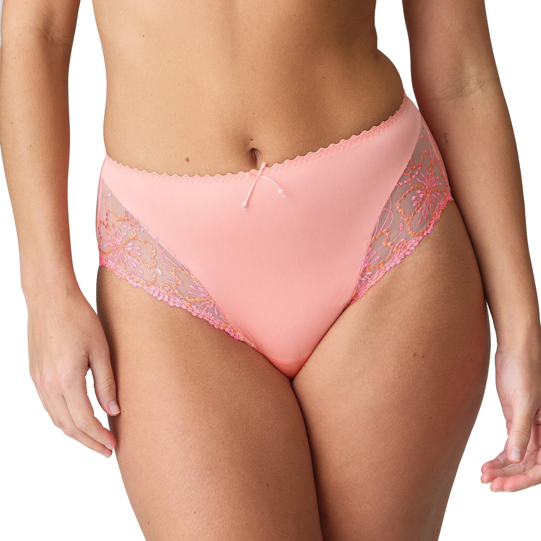 A mode wearing full brief in florida (peachy pink) colour flay layout.