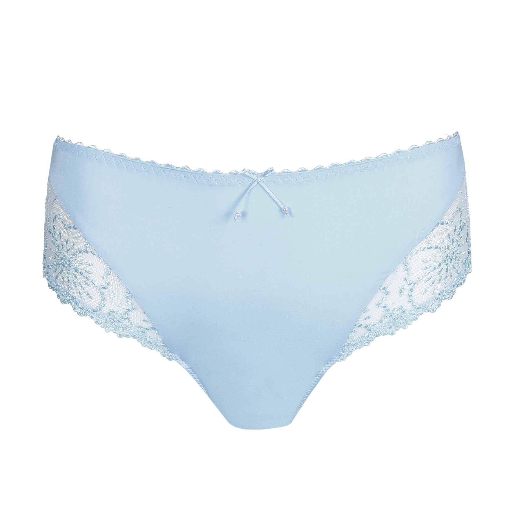 Light blue bikini briefs flat lay with lace side panels and small bow detail at waistband