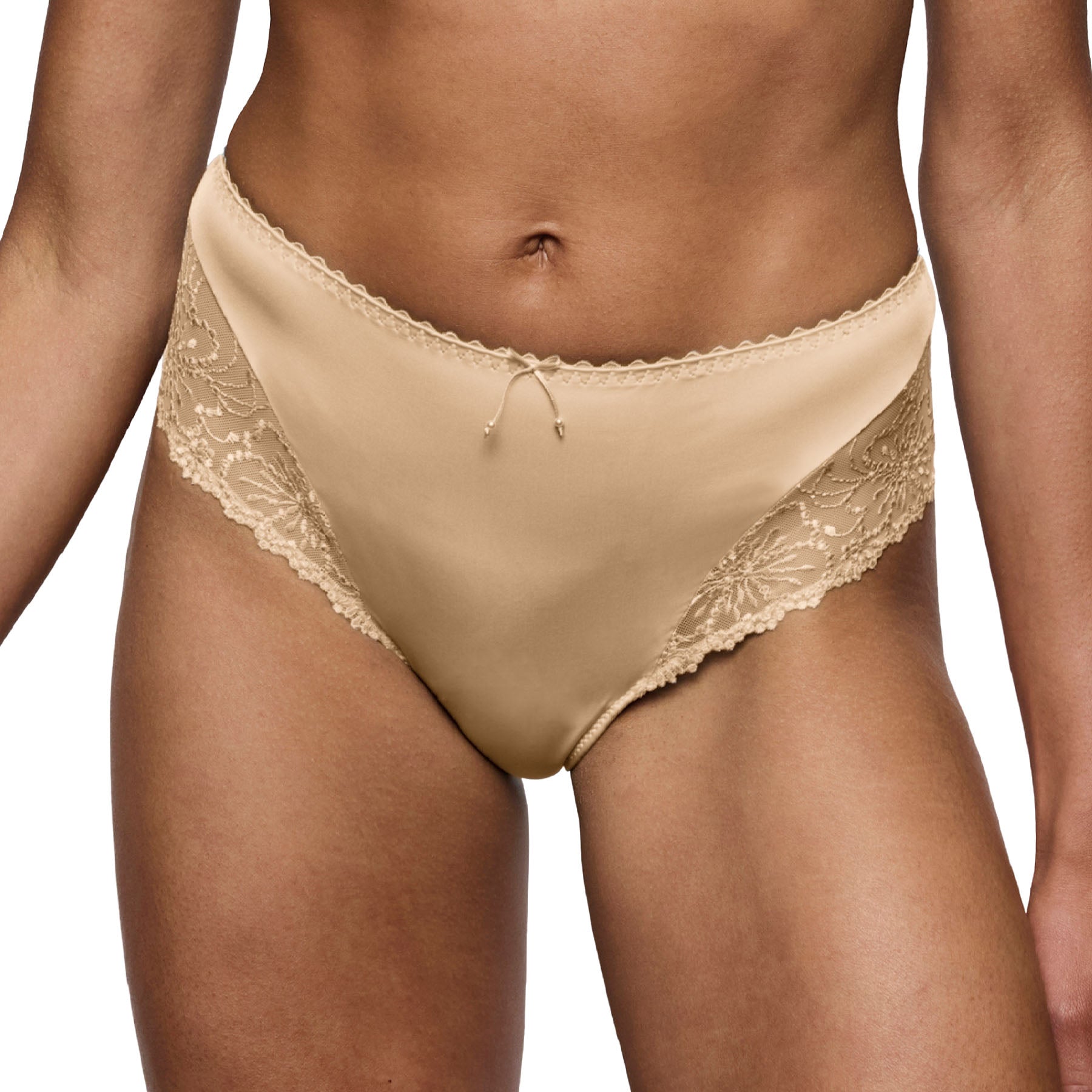 Model wearing the Marie Jo Jane full brief in Sand showcasing smooth coverage, floral embroidery accents, and everyday comfort.