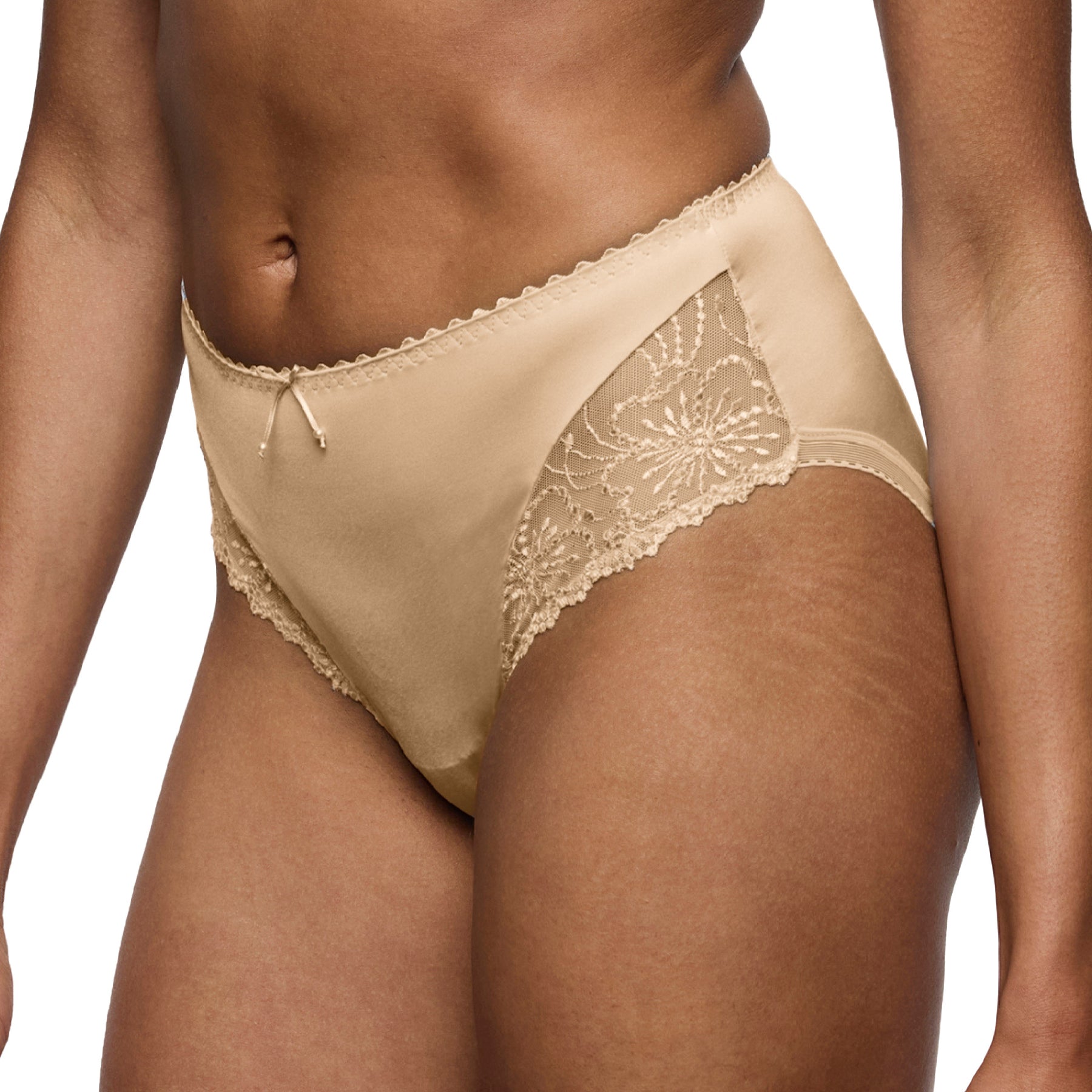 Marie Jo Jane full brief in Sand featuring delicate floral embroidery, soft stretch fabric, and a feminine high-waisted fit.
