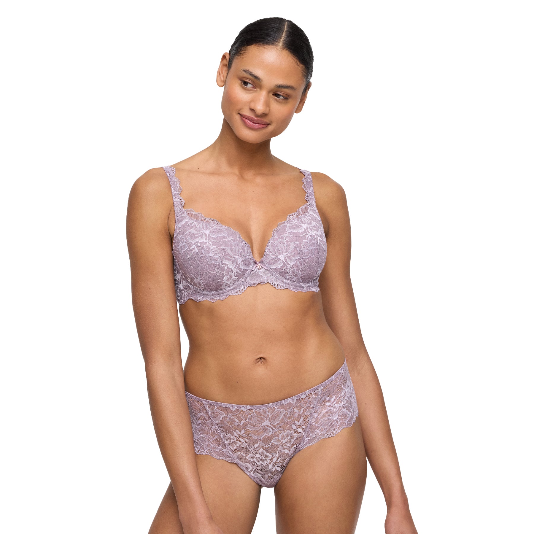 Model wearing pastel orchid lace brief with matching bra set, front view
