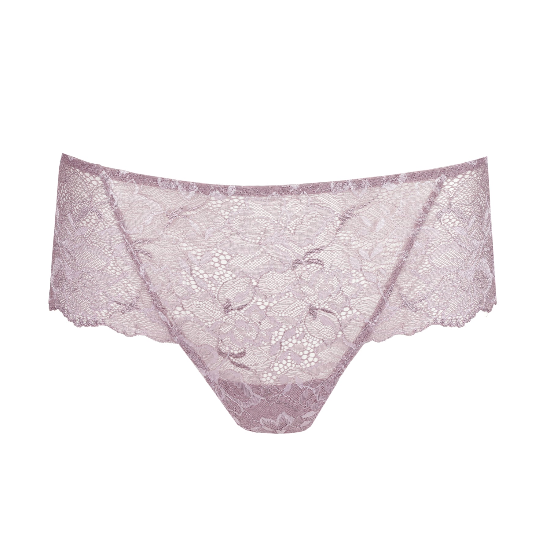 Front view of pastel orchid lace brief with floral embroidery and scalloped edges