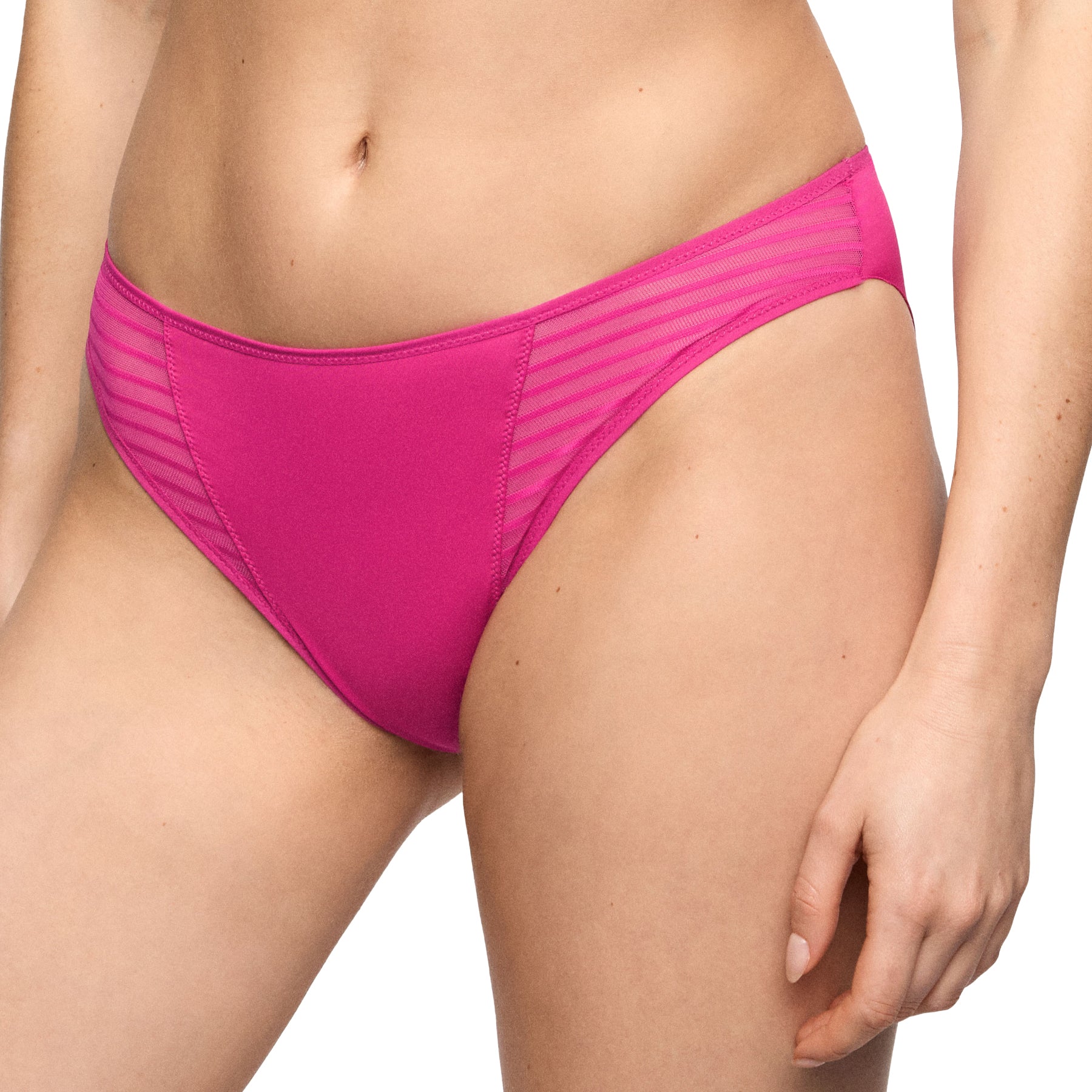 Angled close-up of the very berry pink bikini brief highlighting the smooth microfiber fabric and sheer striped mesh side panels for a sleek, modern finish.