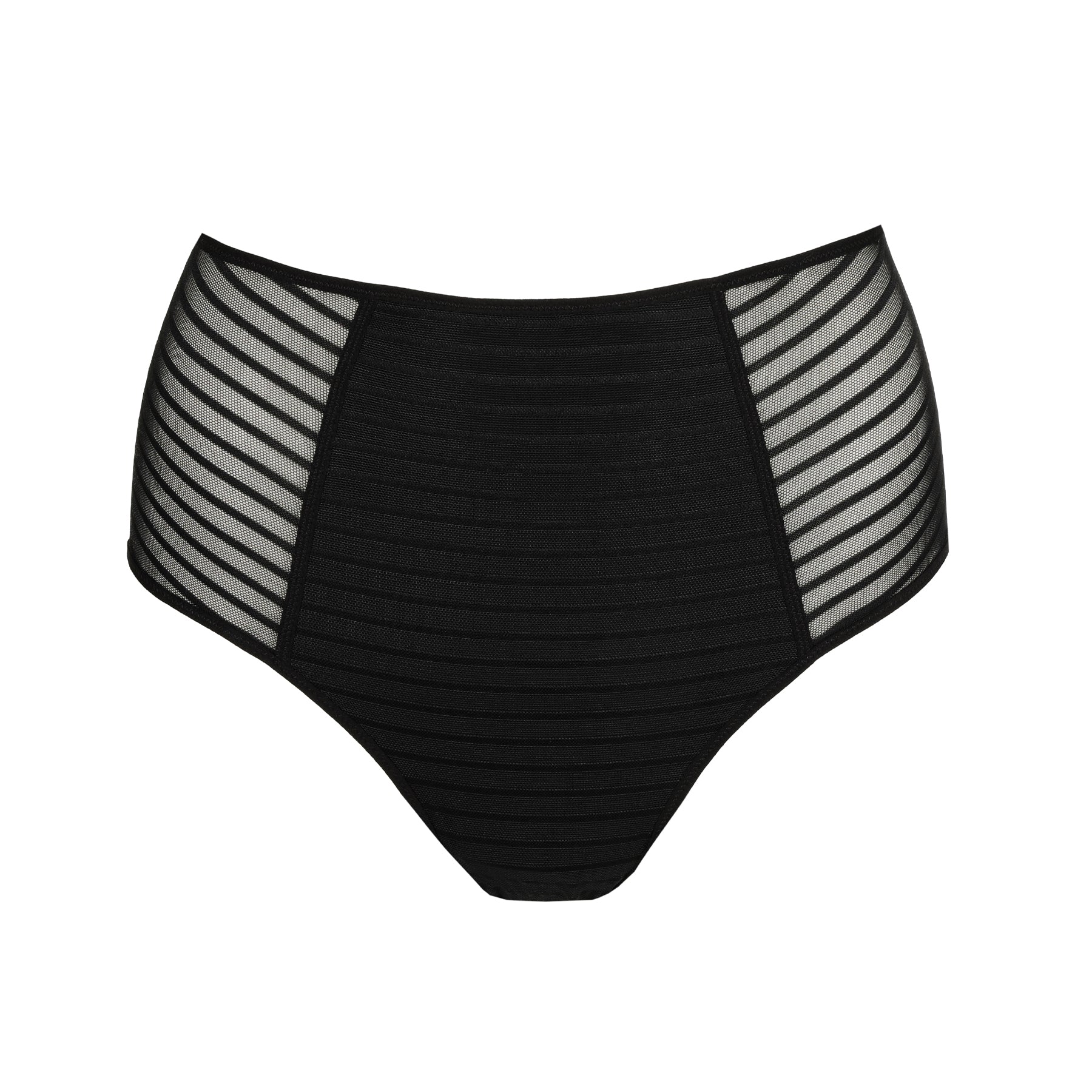 A black high-waisted full brief from the Marie Jo Basyl collection, featuring sheer striped mesh side panels for a chic, modern look.