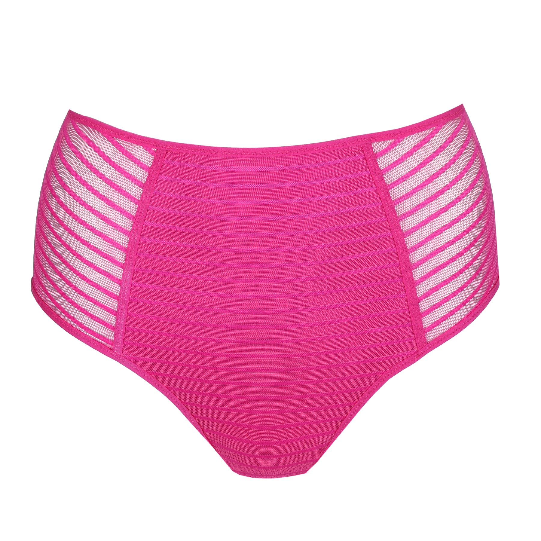 Very berry pink high-waist brief with sheer striped mesh panels, full coverage, and a smoothing silhouette for everyday comfort.