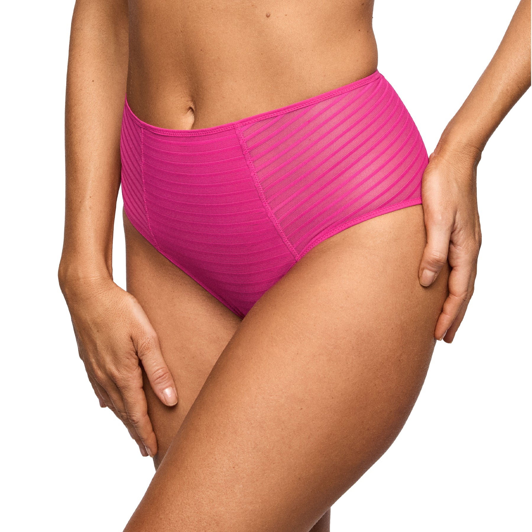 Angled view of the very berry pink high-waist brief highlighting the semi-sheer striped mesh fabric and comfortable high-rise design.