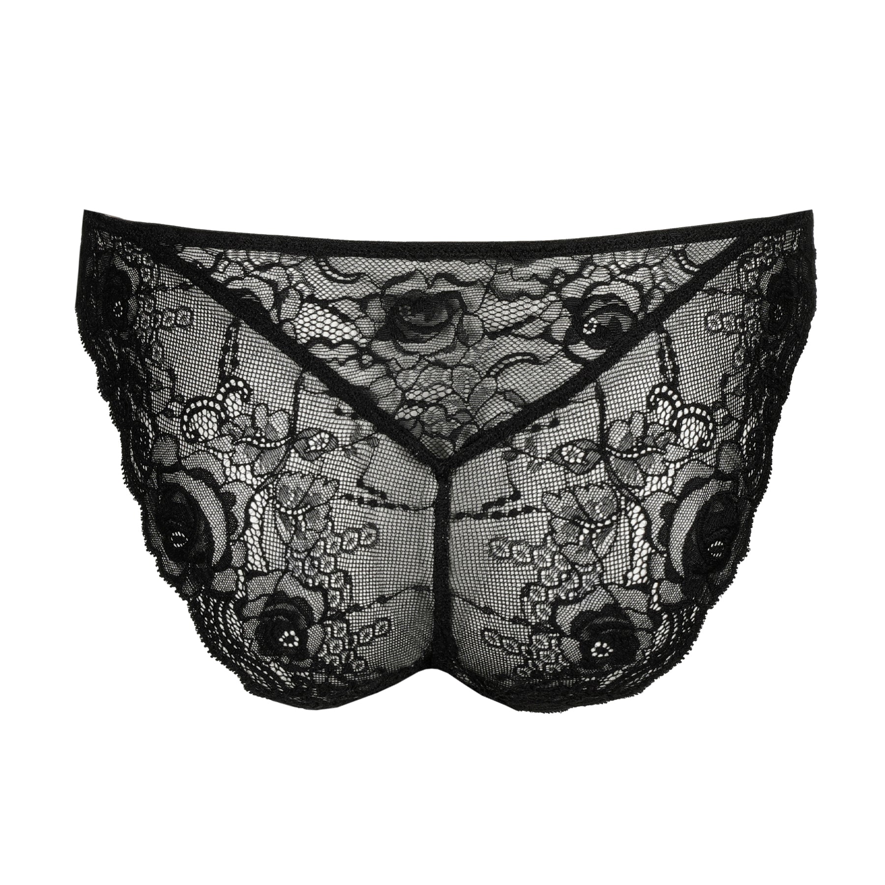 Back product shot of a black lace bikini brief showing full sheer lace coverage.