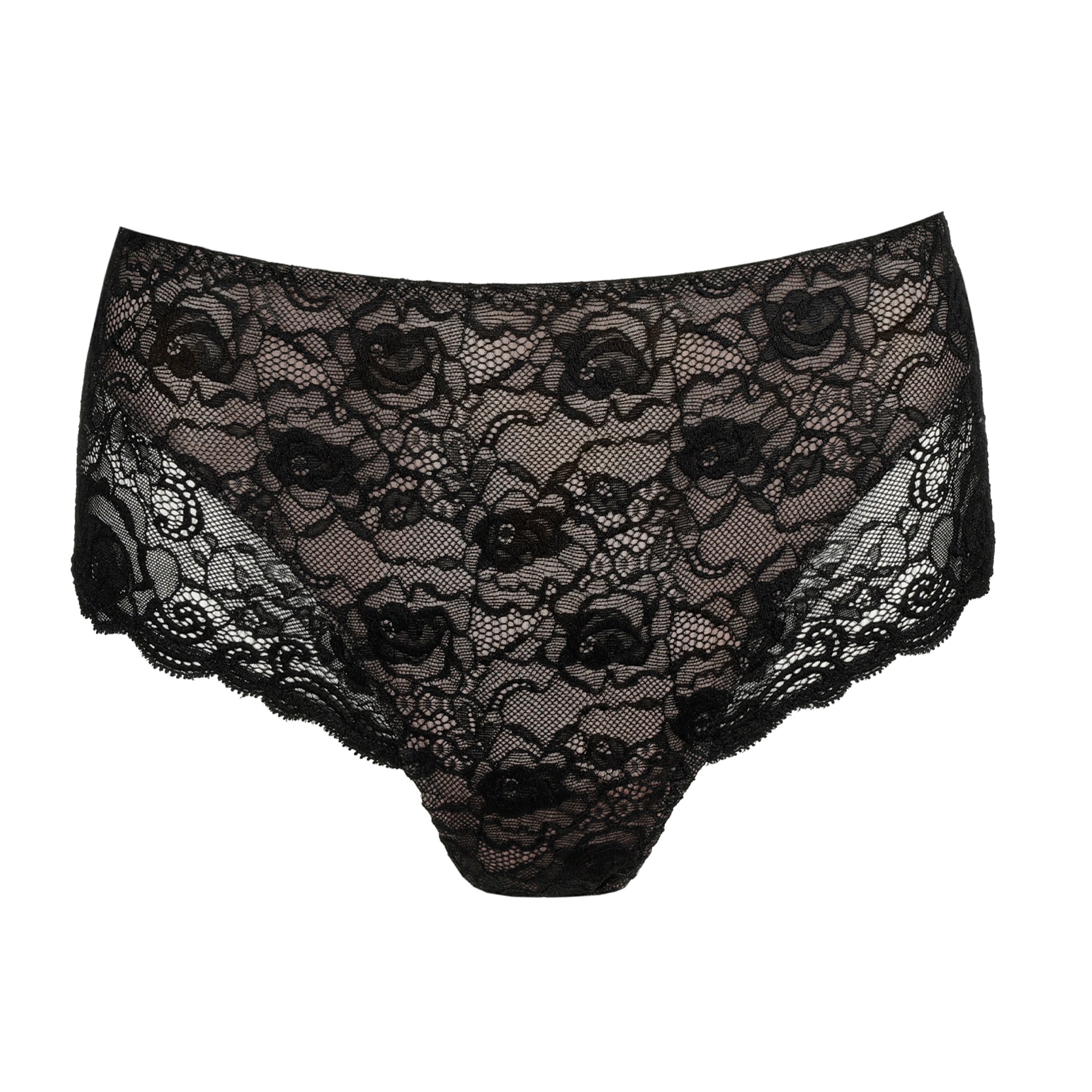 Front flat lay of black floral lace high-waist panty with sheer detailing and scalloped leg openings.