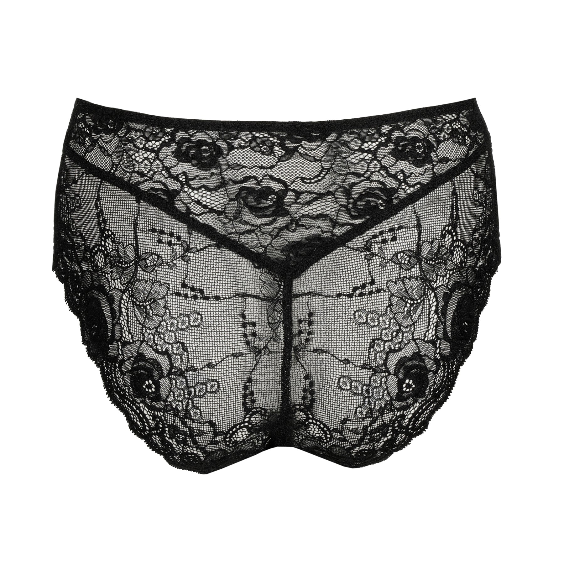Back flat lay of black lace panties showing intricate floral lace and seam detailing for shaping.