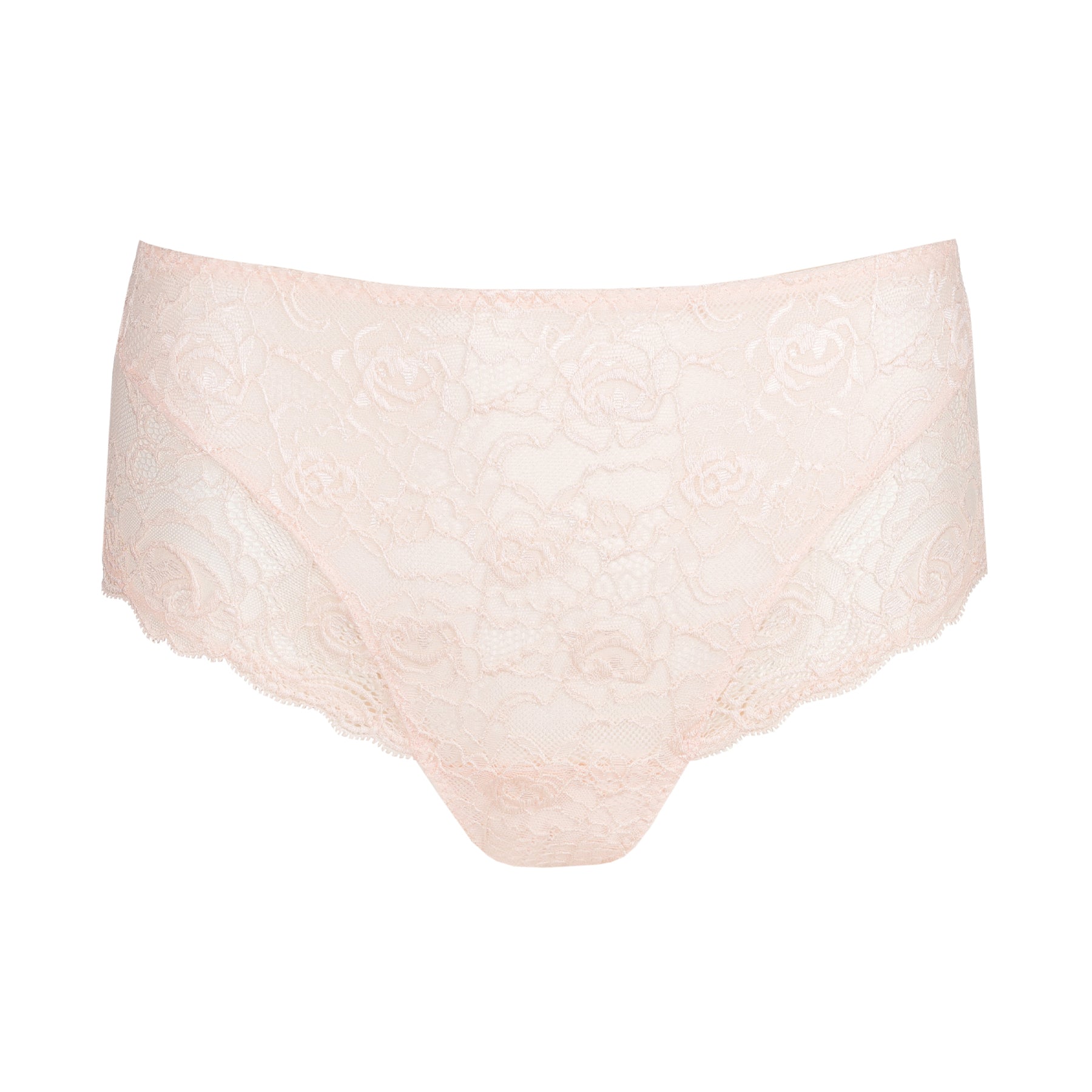 Front flat lay of blush pink floral lace high-waist panty with delicate scalloped edges.