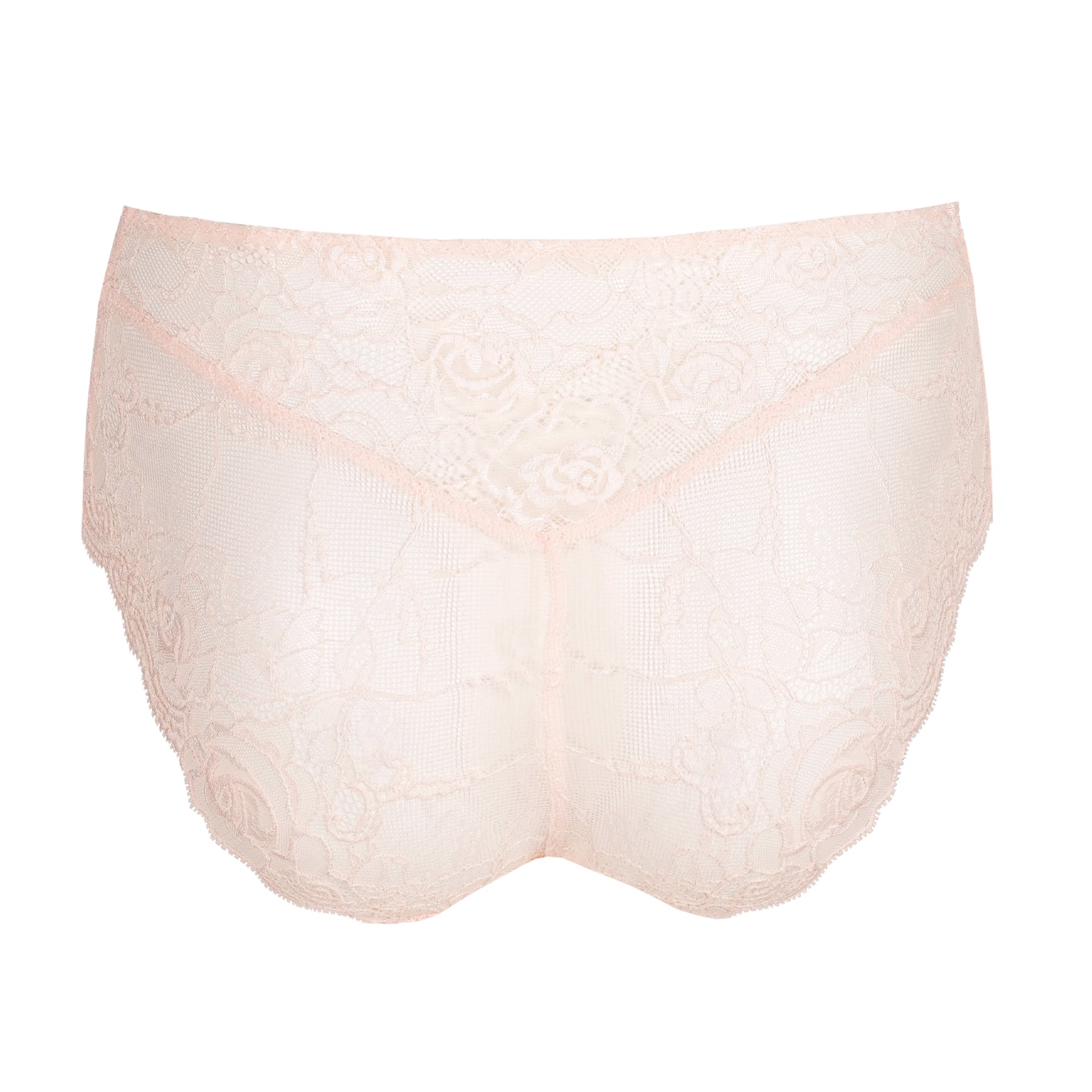 Back flat lay of high-waisted blush lace panties with soft floral lace and seam shaping details.