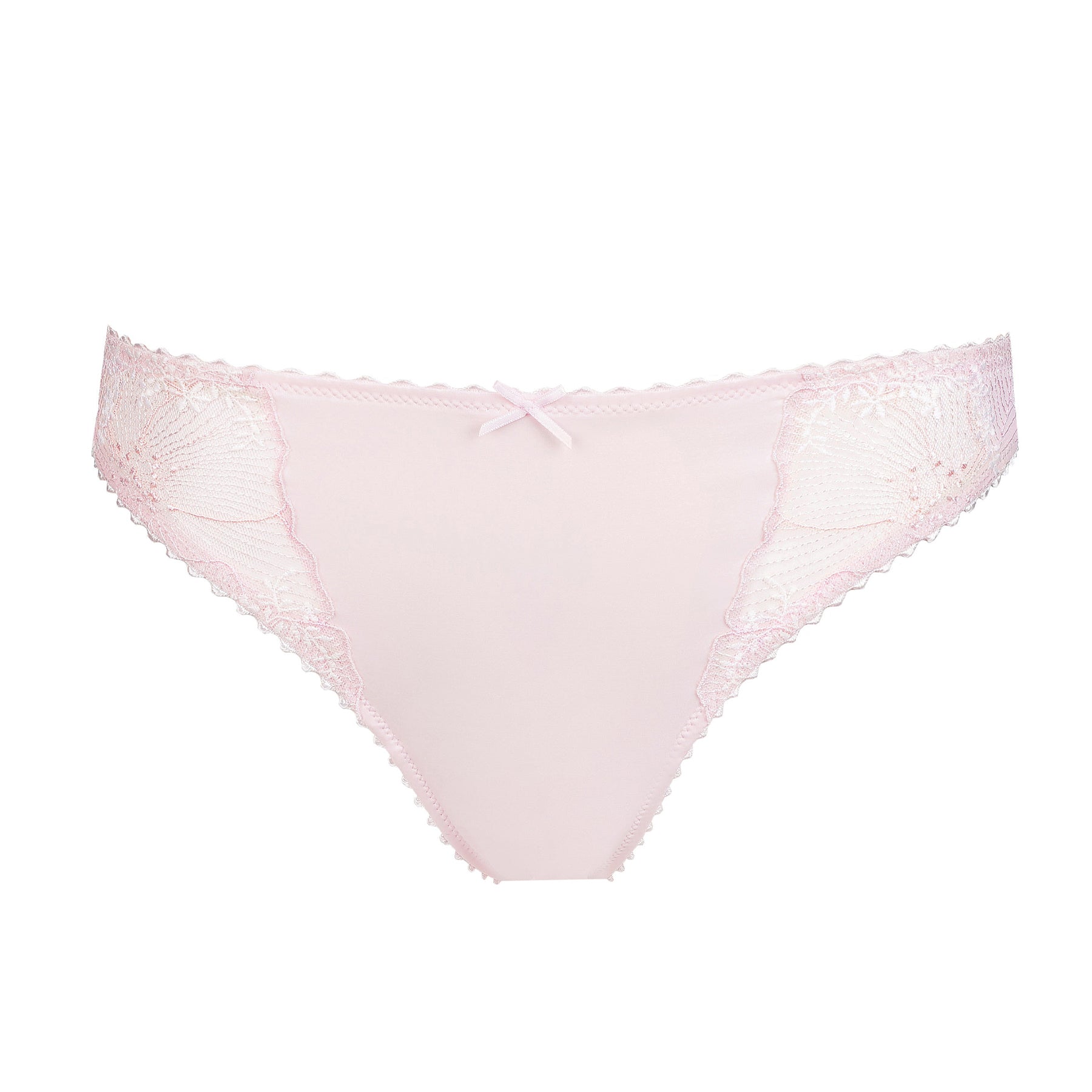 Front flat lay of blush pink bikini briefs featuring silky microfiber, floral embroidered lace side panels, and a decorative satin bow.