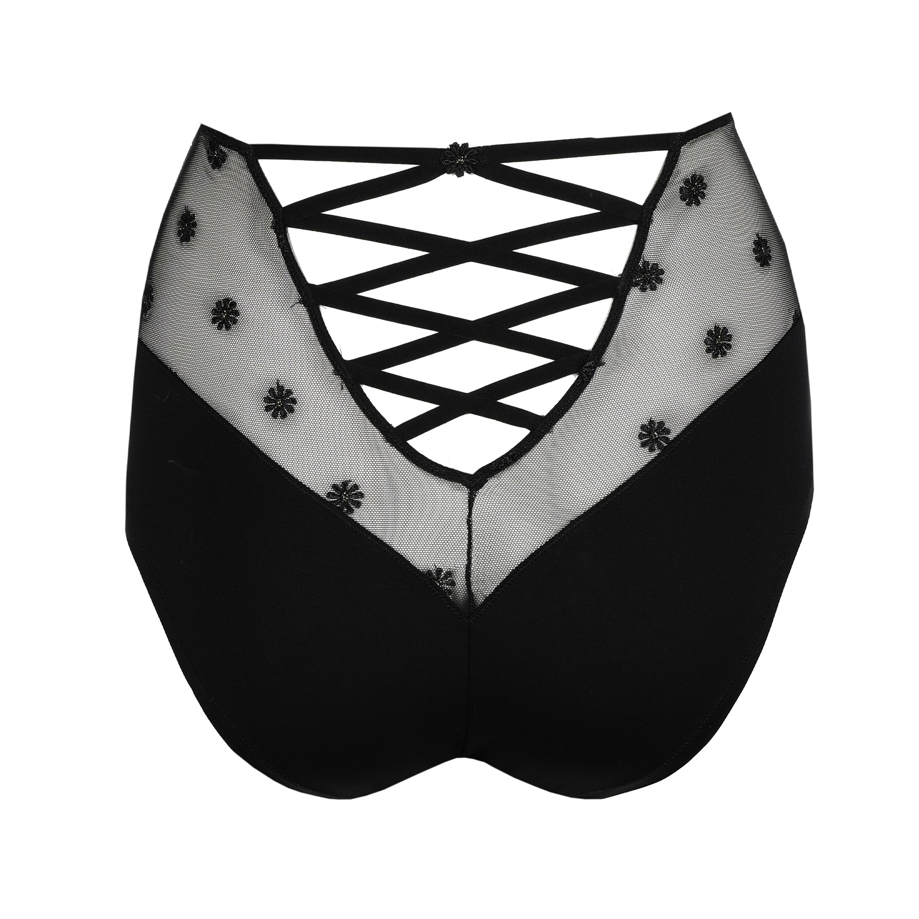 Back view of a black high-waisted brief highlighting the sheer embroidered mesh and crisscross lace-up detail.