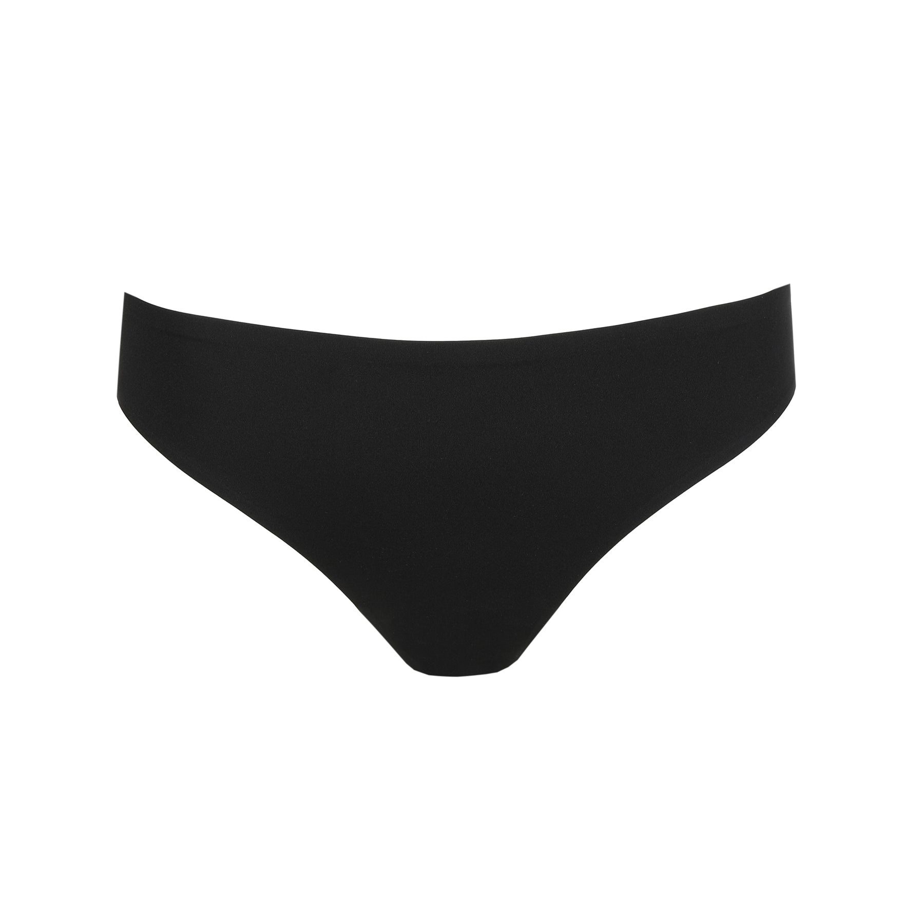 Black seamless bikini brief with smooth stretch fabric and clean cut edges on white background