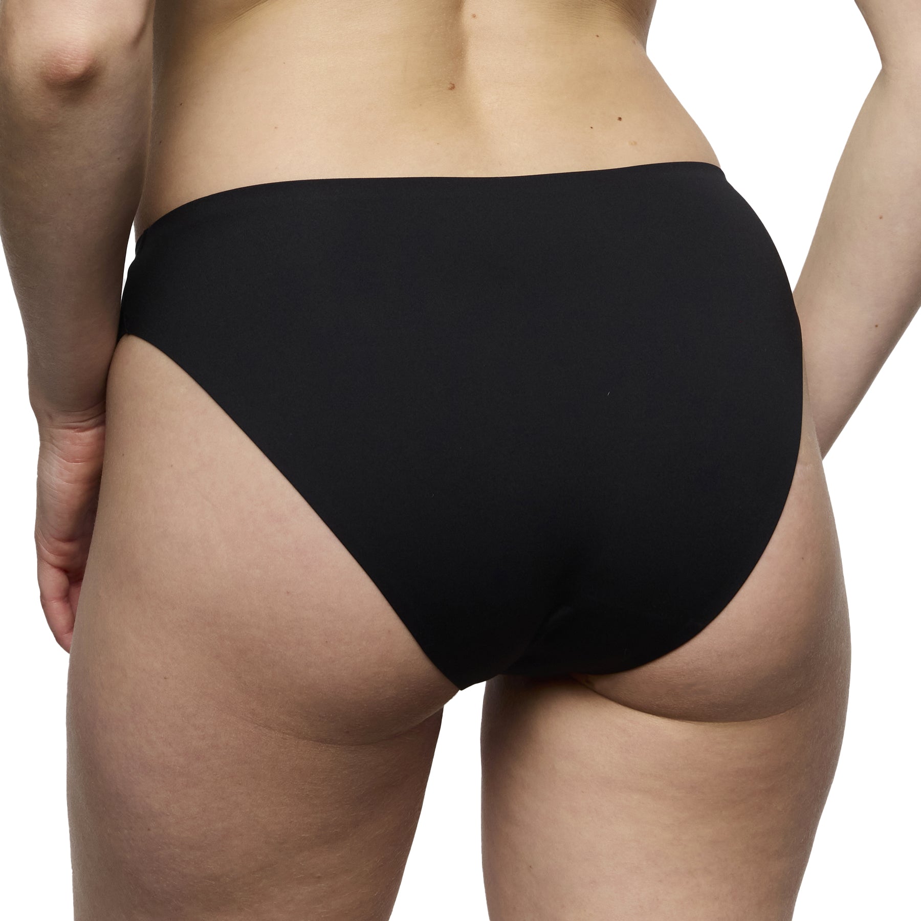 Back view of black seamless bikini brief with smooth fabric and invisible finish under clothing