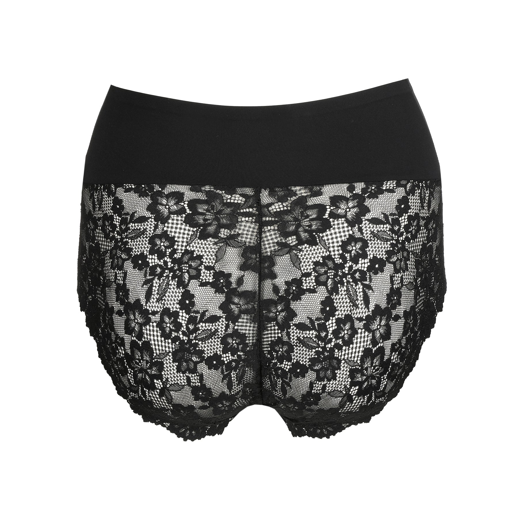 Black high waist brief with full floral lace back and scalloped lace edges