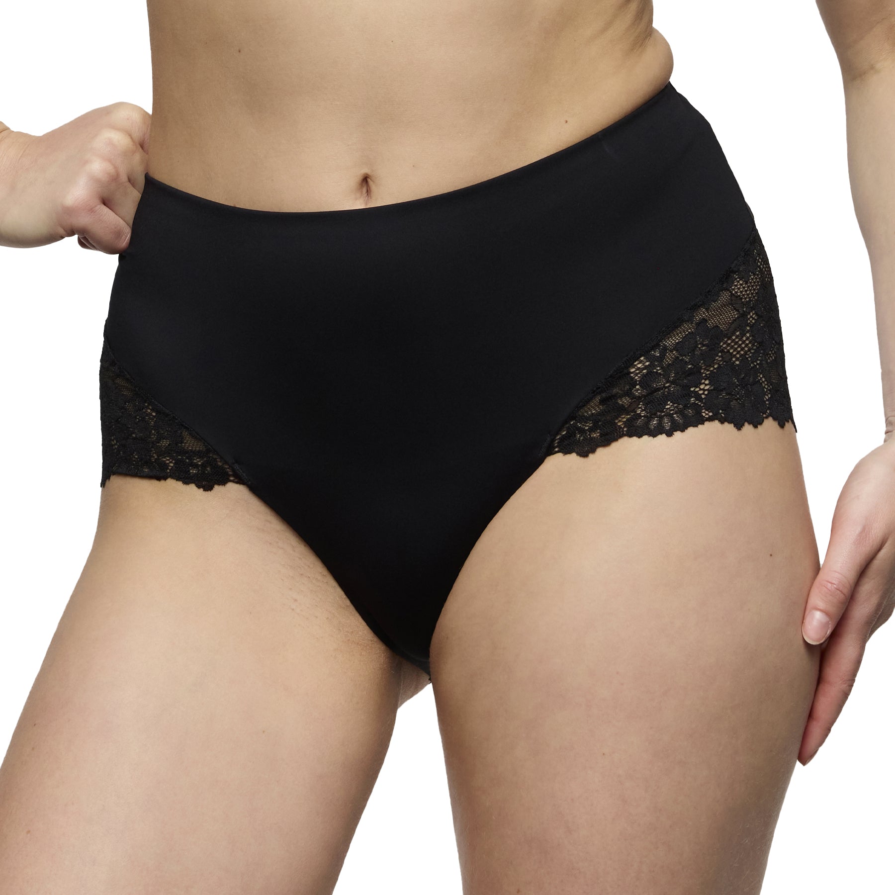 Black high waist brief with smooth stretch front panel and soft floral lace side inserts