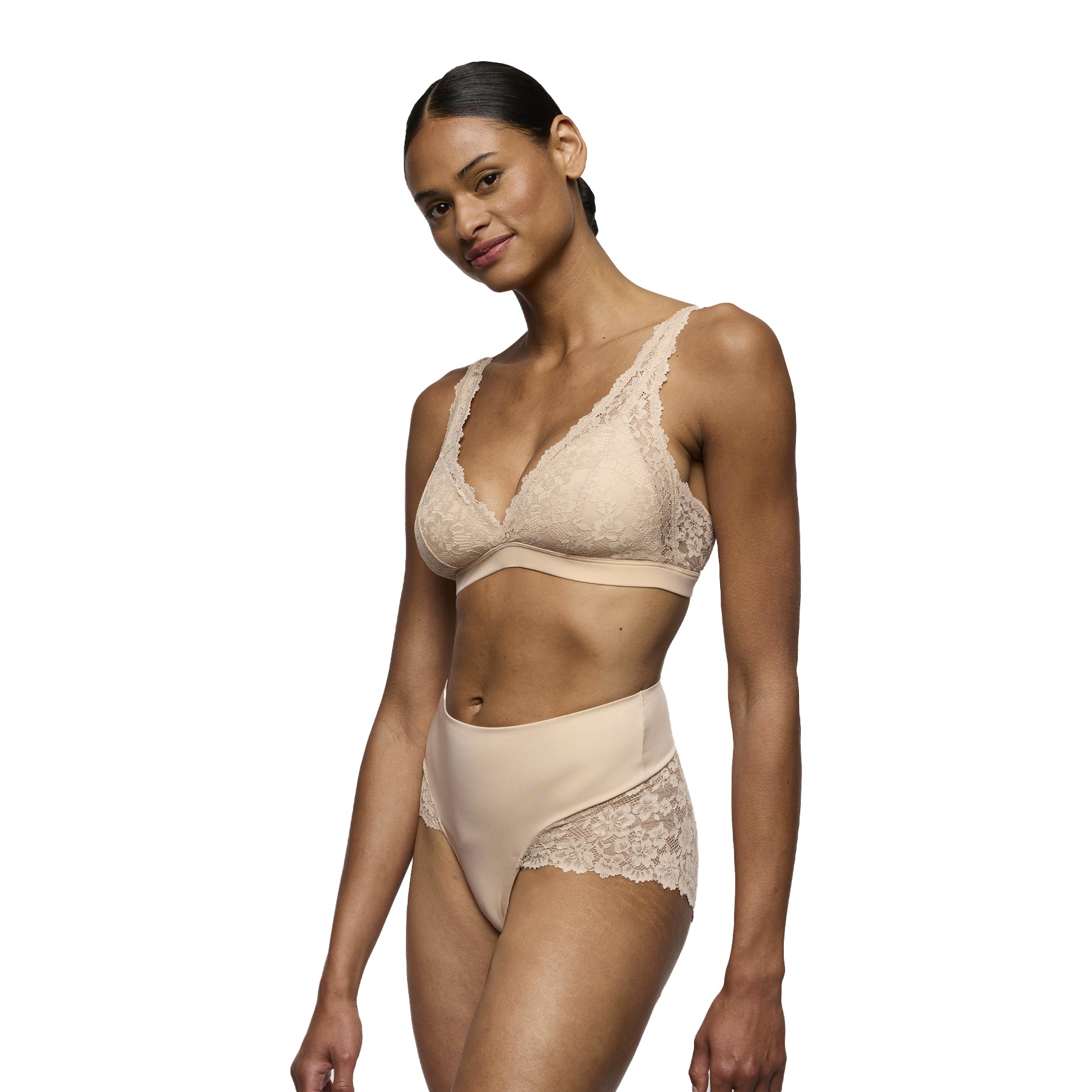 Nude high waist brief with smooth front panel and floral lace sides, worn with matching lace bralette