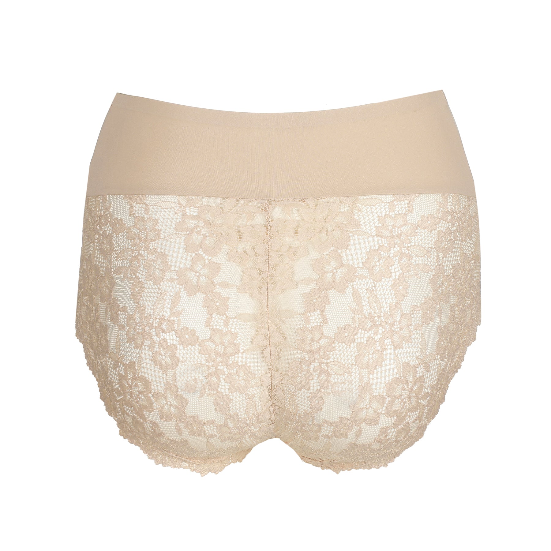 Nude high waist brief with full floral lace back and scalloped lace edges
