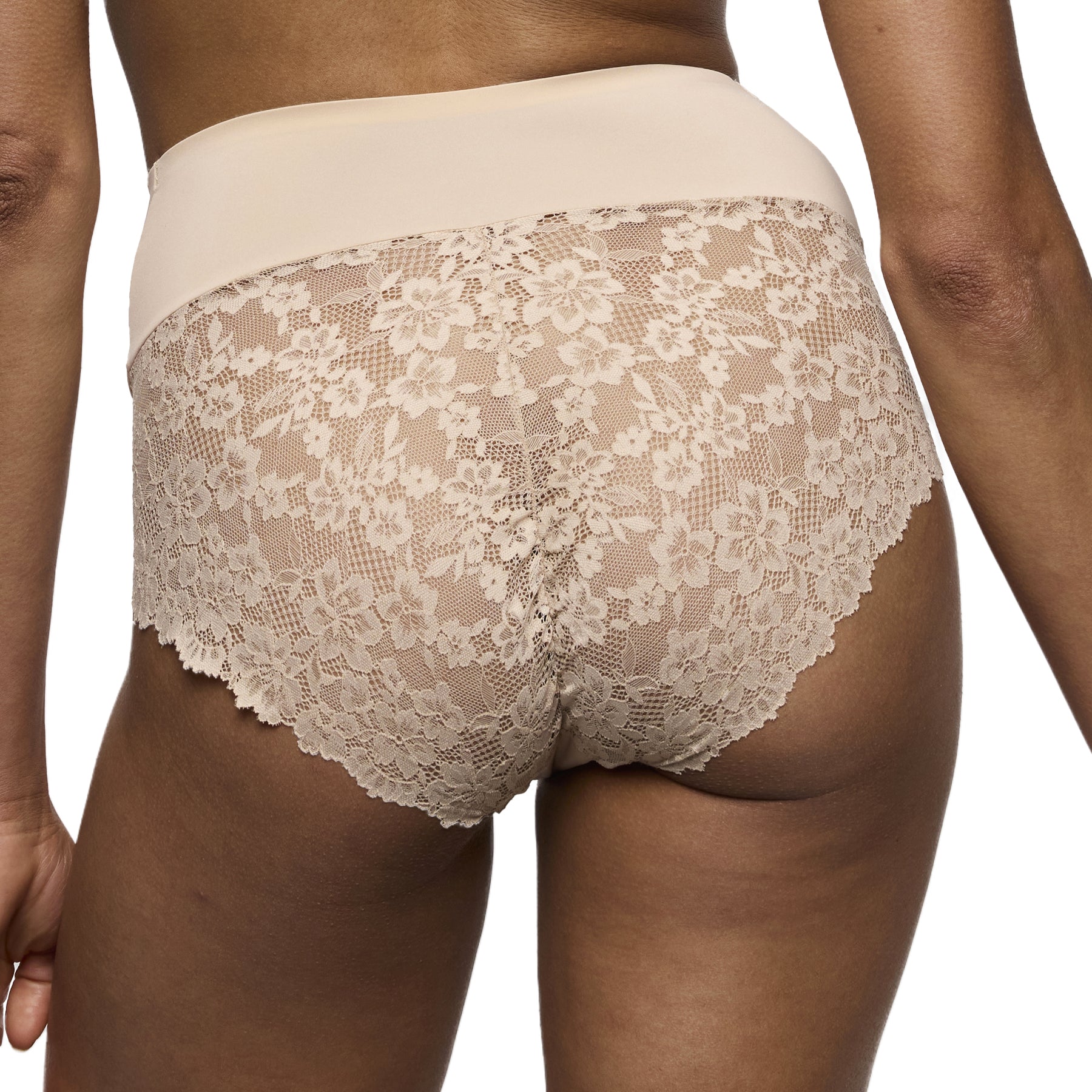 Back view of nude high waist brief with full floral lace back and scalloped lace finish