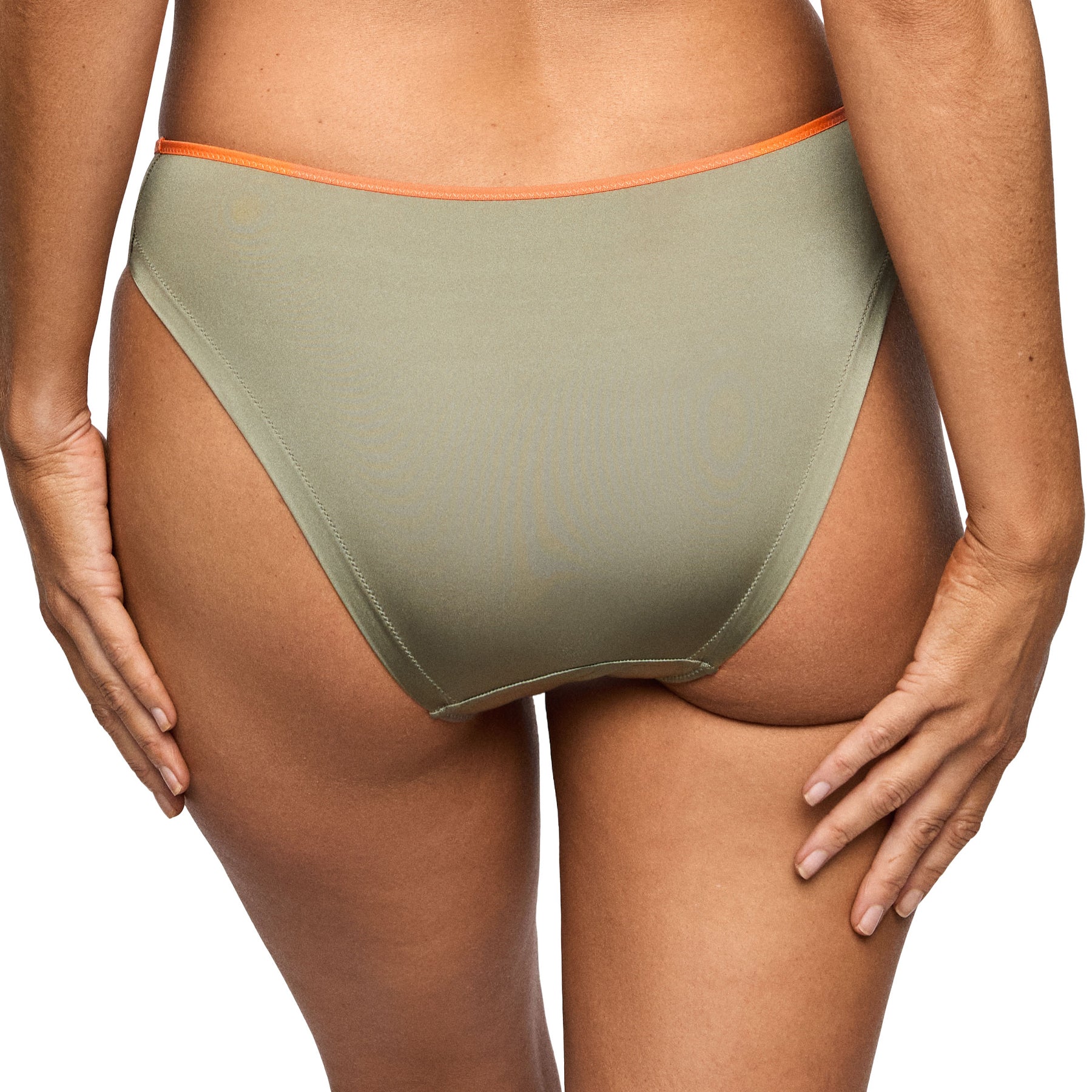 Back view of olive green bikini brief with smooth fabric and contrasting coral waistband trim.