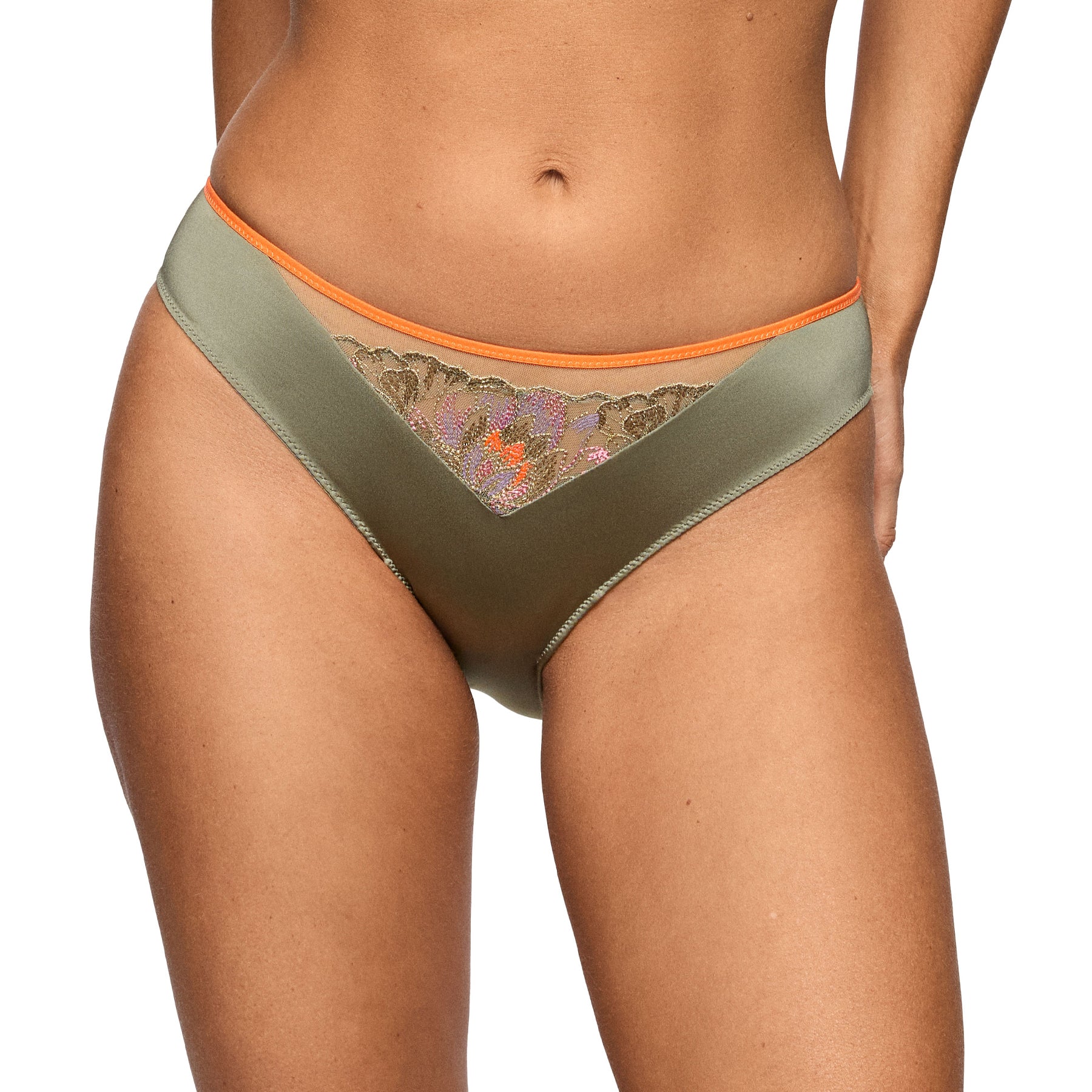 Front view of olive green bikini brief with multicolour floral embroidery and coral trim.