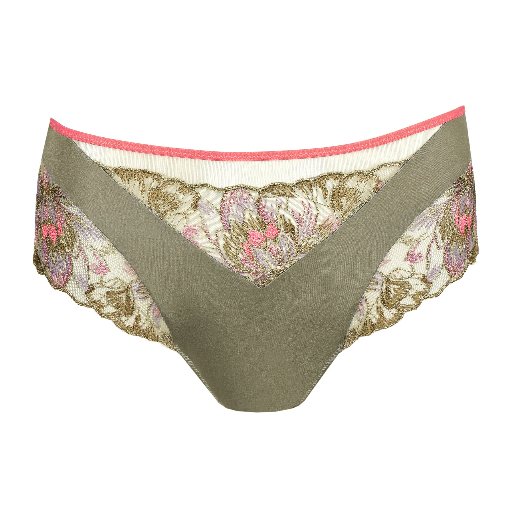 Olive green full brief with sheer floral embroidery in pink, lavender and coral, finished with bright coral trim.