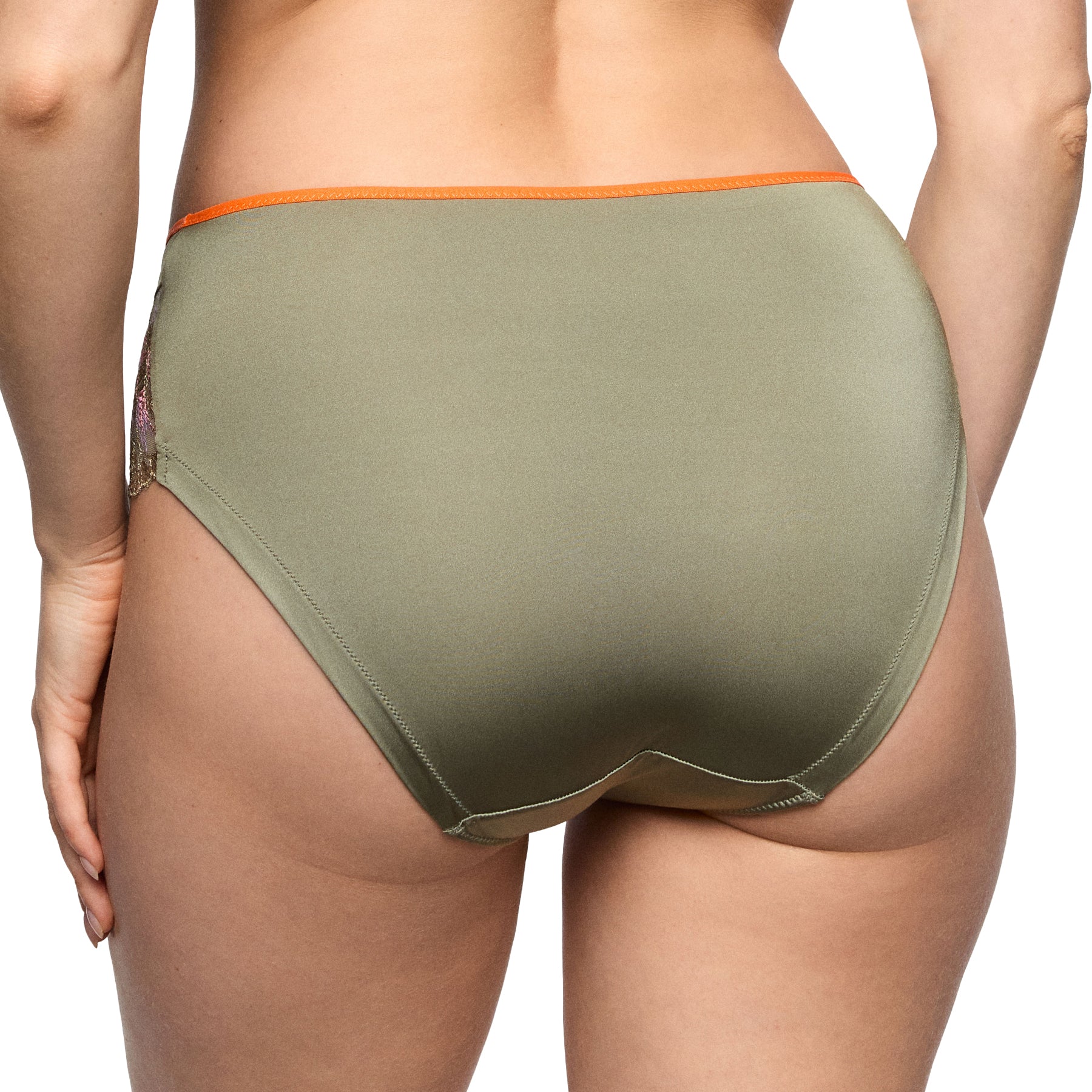 Back view of olive green full brief with smooth fabric, full coverage and contrasting coral waistband trim.
