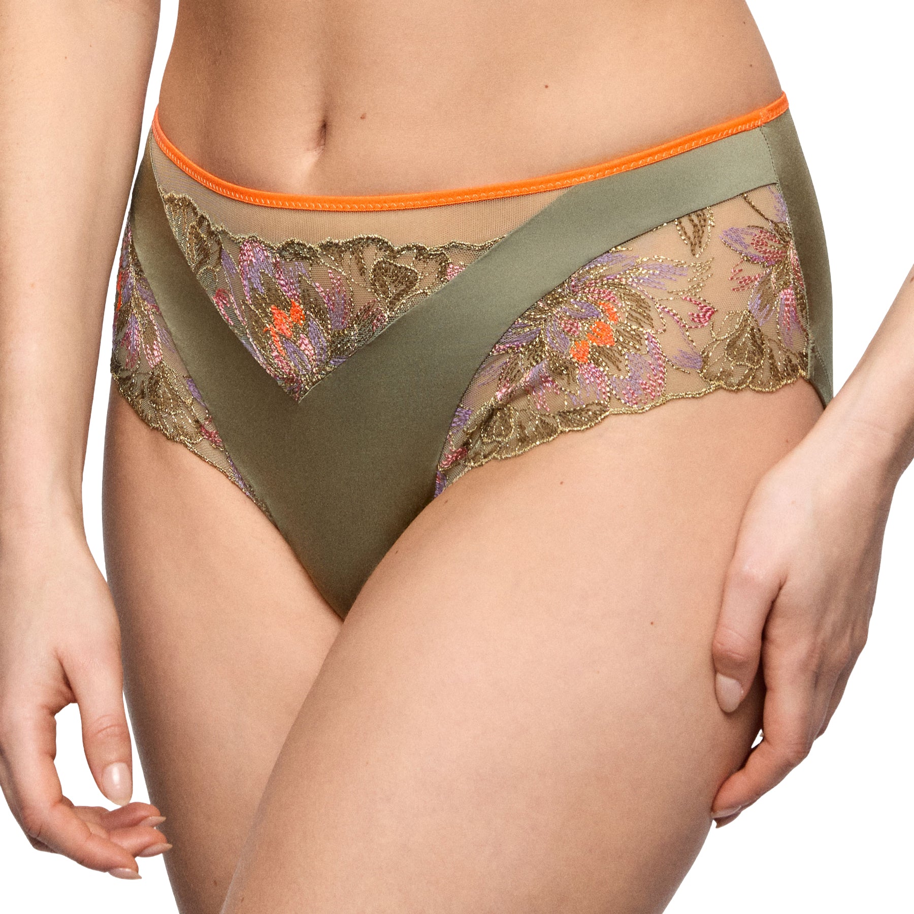 Close-up of olive green full brief with sheer multicolour floral embroidery and bright coral waistband.