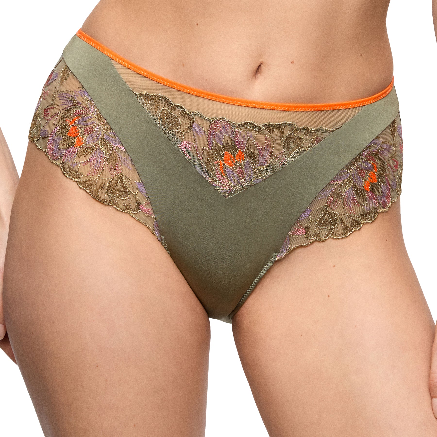 Front view of olive green full brief featuring floral embroidered lace panels, sheer mesh and coral trim.