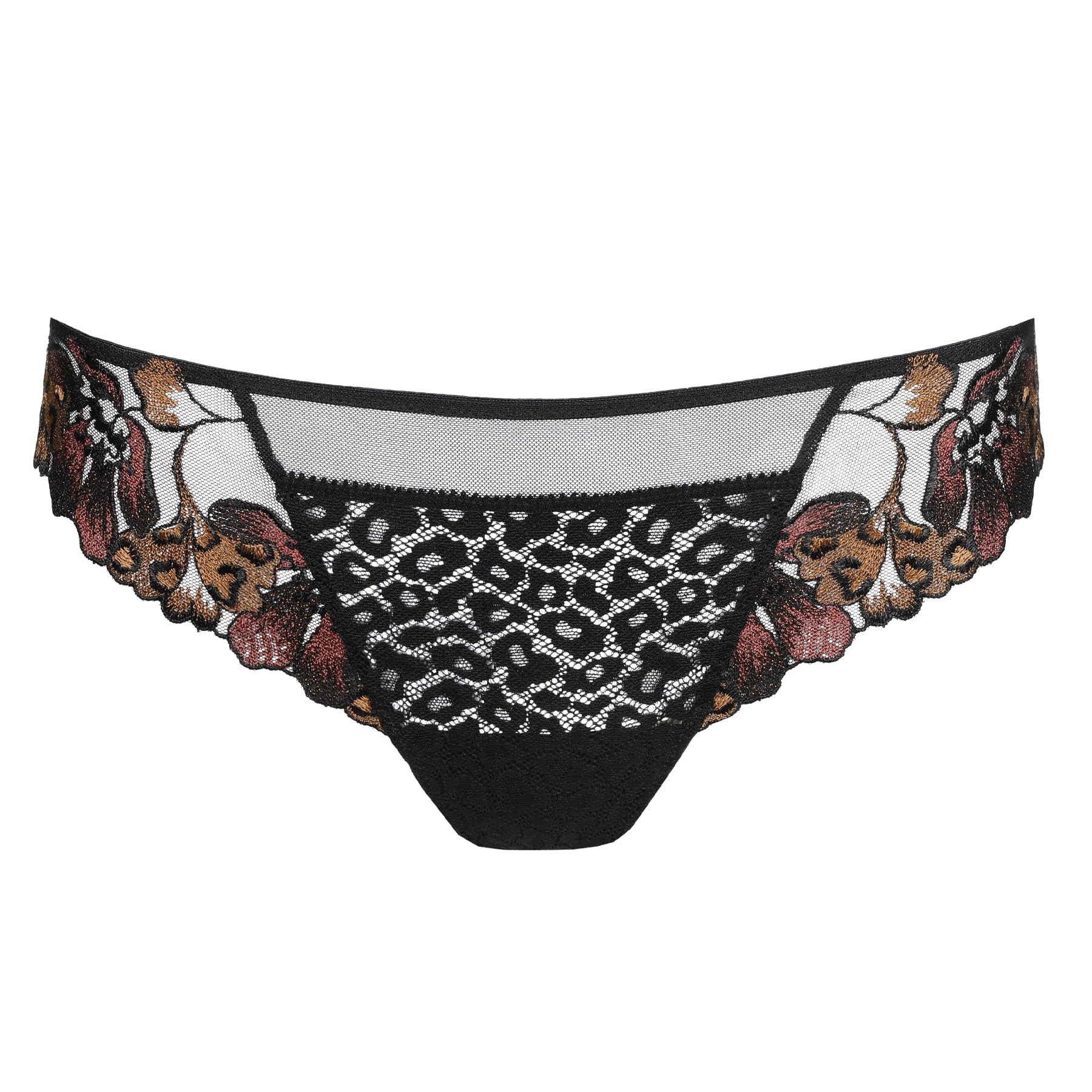 Marie Jo black lace bikini briefs featuring sheer mesh, geometric lace, and embroidered floral side panels.