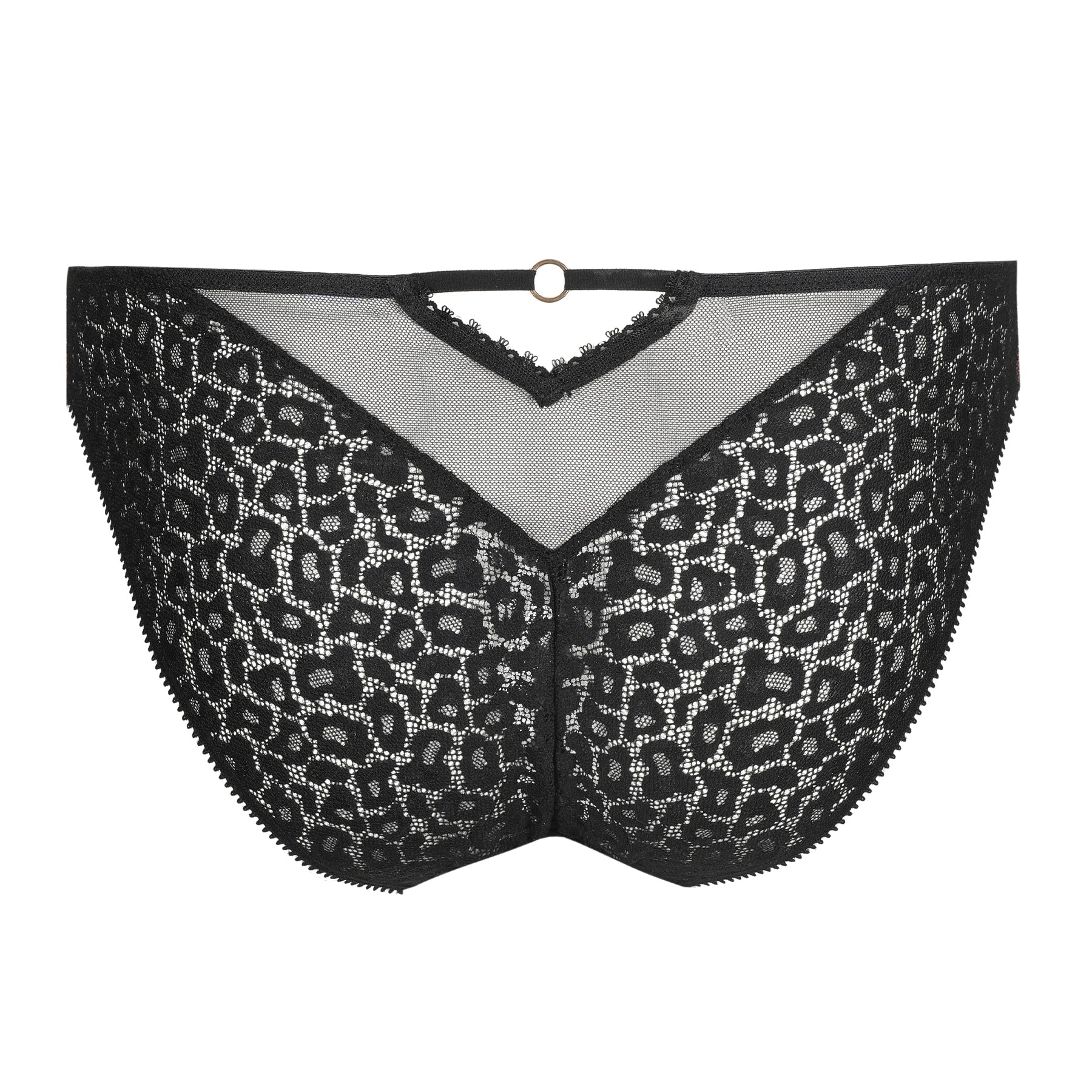 Back view of Marie Jo black bikini briefs with geometric lace, transparent mesh insert, and elegant ring accent.