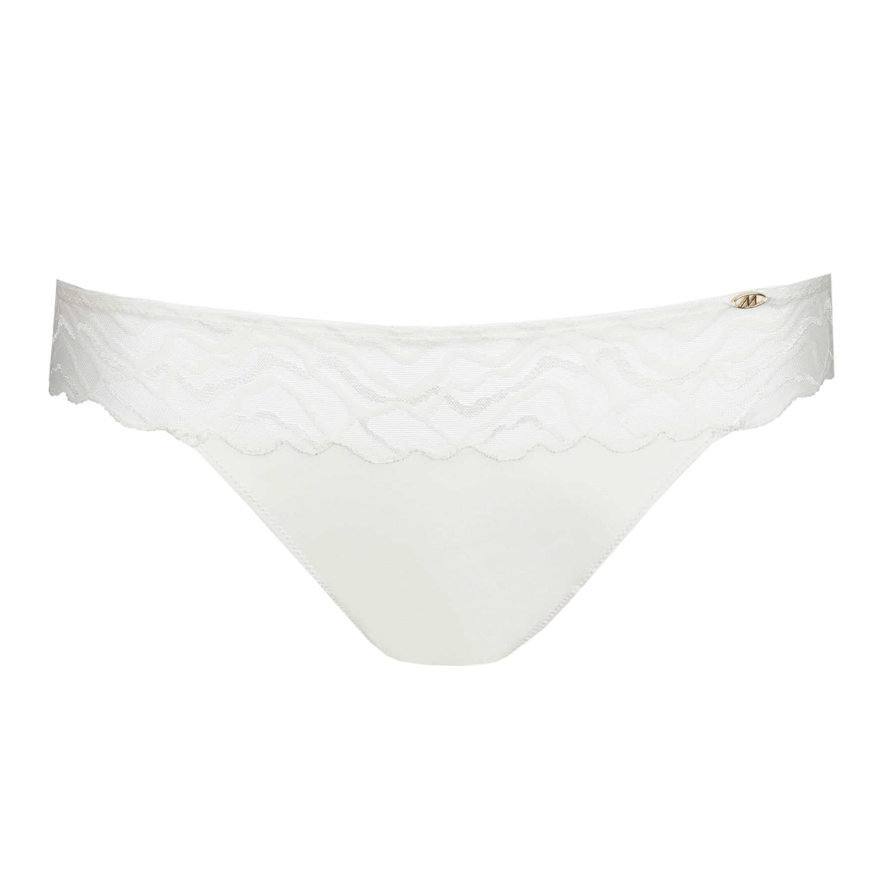Marie Jo bikini briefs in natural white with smooth microfiber front, sheer embroidered lace waistband, scalloped trim, and signature gold logo detail.