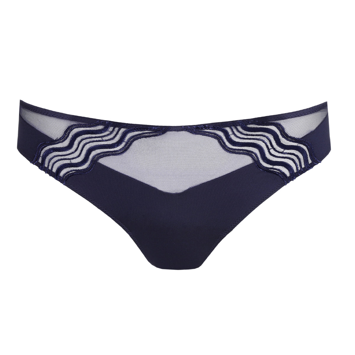 Marie Jo Linaa Rio Brief in Evening Blue, front view with sheer mesh panels and embroidered wave detailing