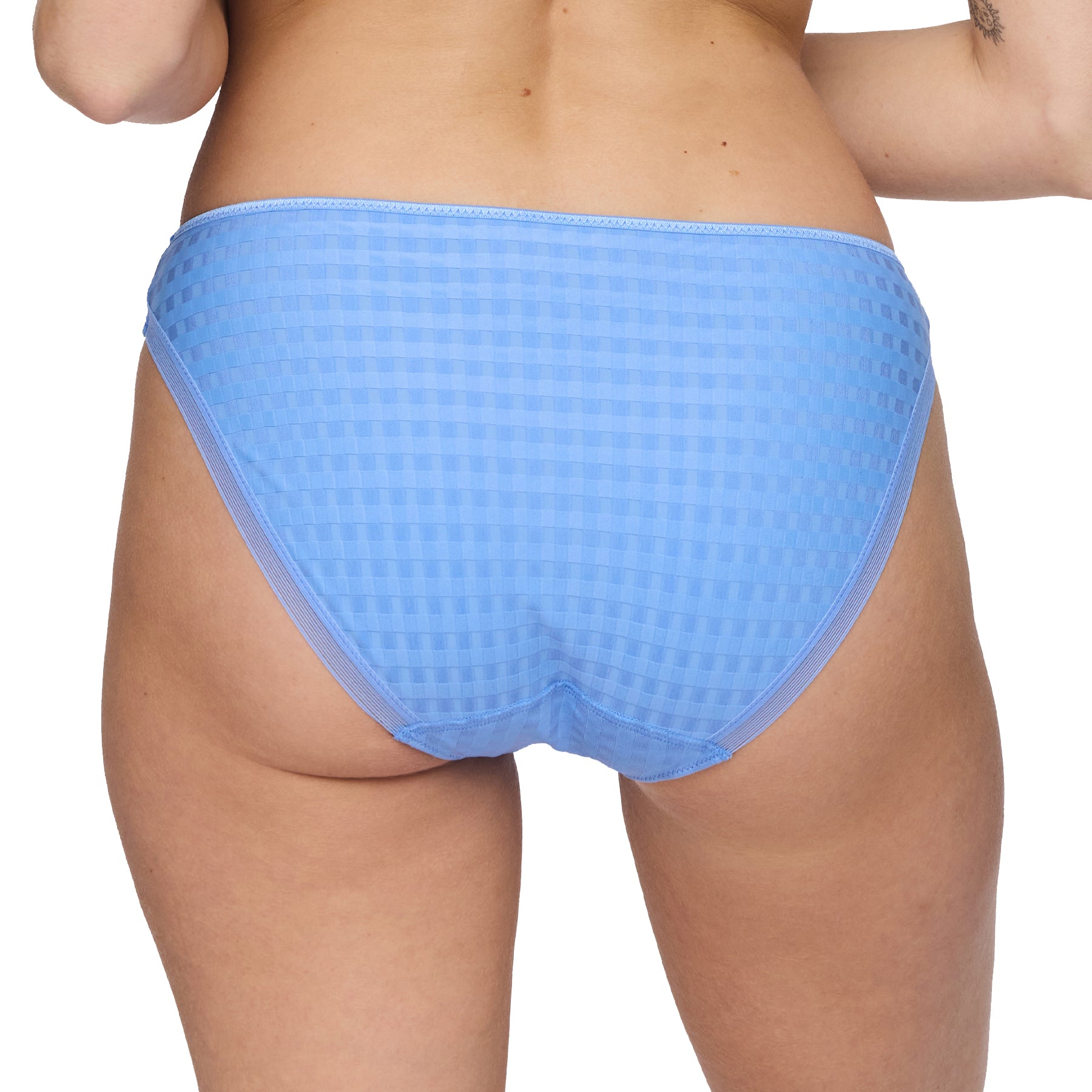 A model wearing a blue checked marie jo rio brief.