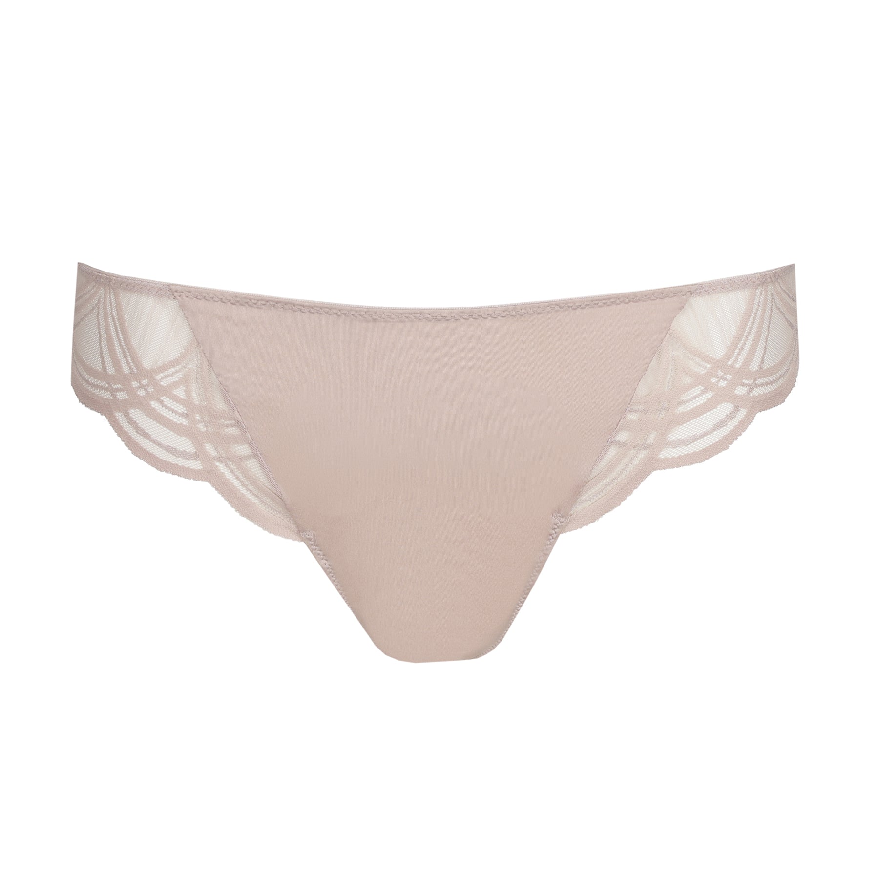 Soft mauve thong with smooth front panel and sheer embroidered lace on the sides.