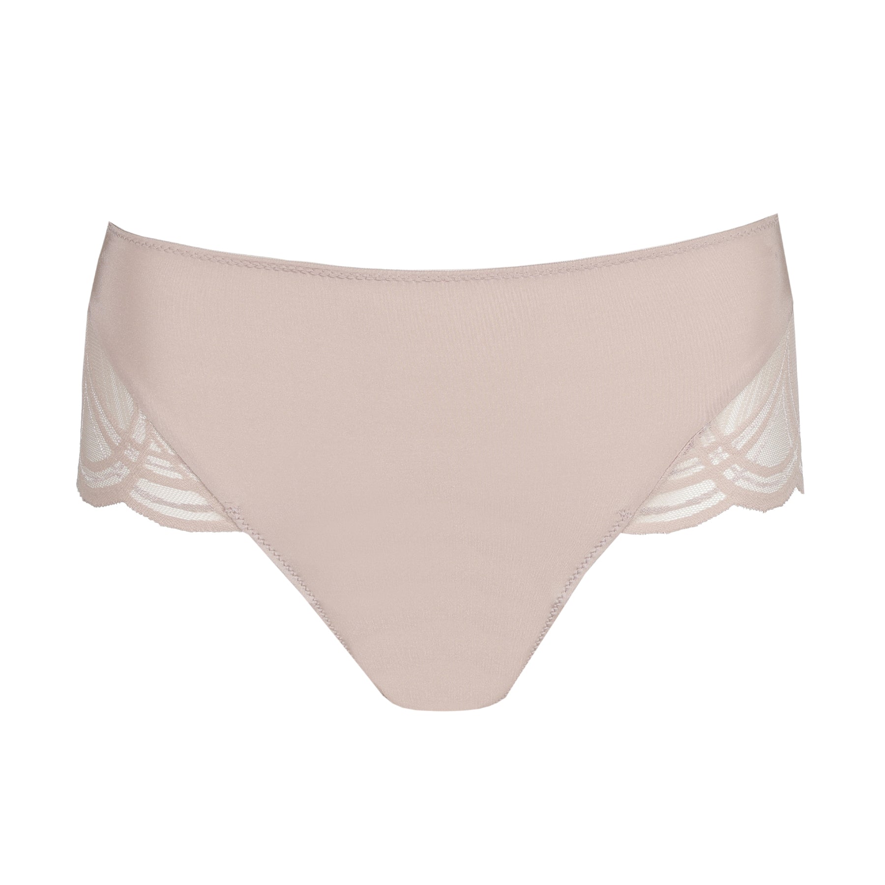 Soft mauve full brief with smooth front panel and sheer embroidered mesh at the hips.