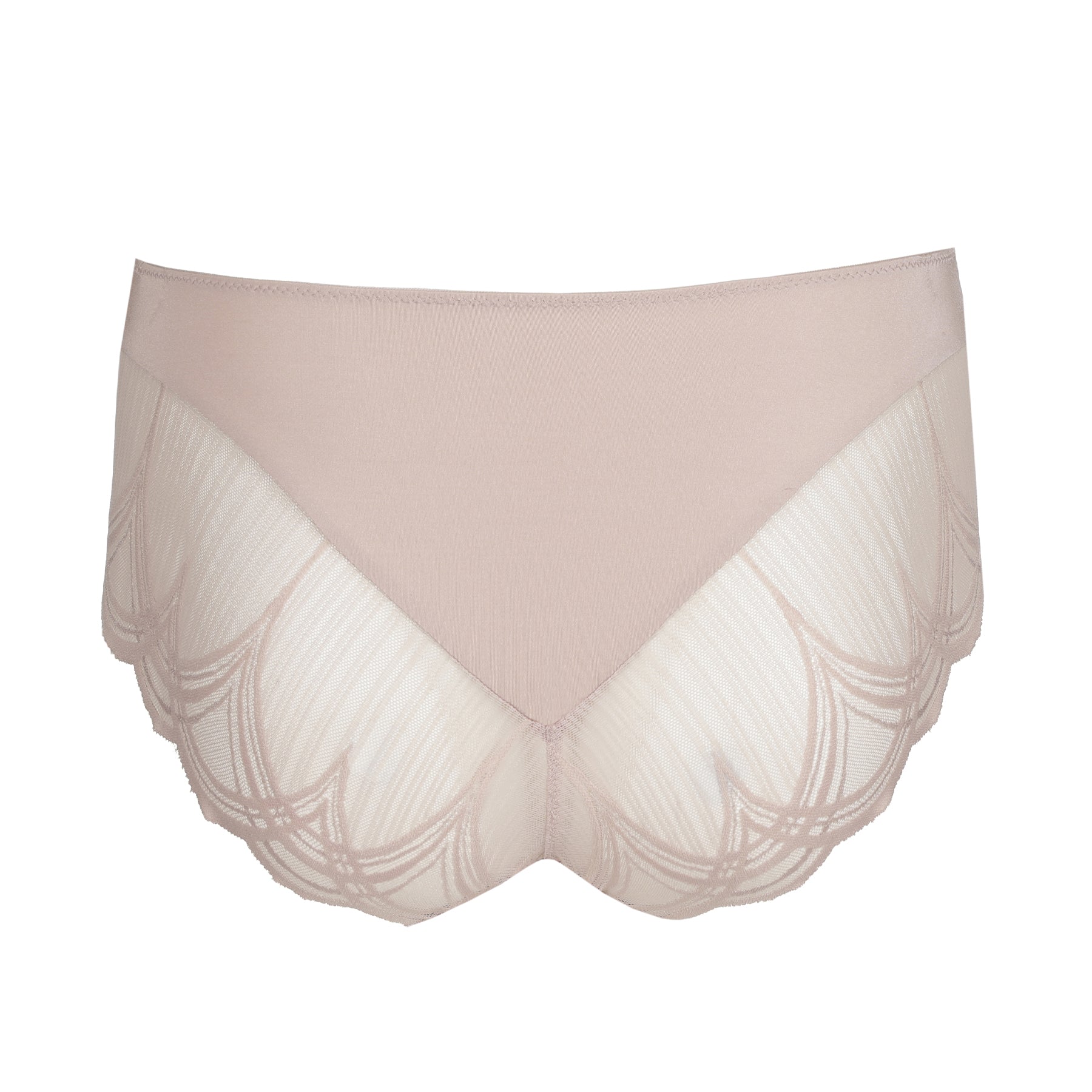 Back view of mauve full brief with sheer embroidered mesh and scalloped edge detailing.