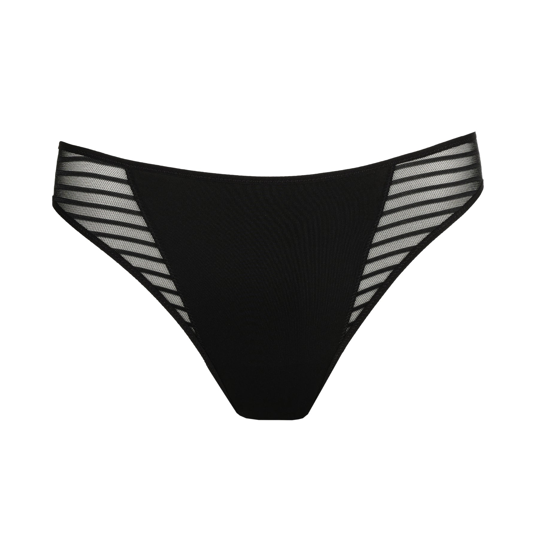 Black Rio briefs featuring semi-sheer striped side panels, a modern and comfortable lingerie choice.