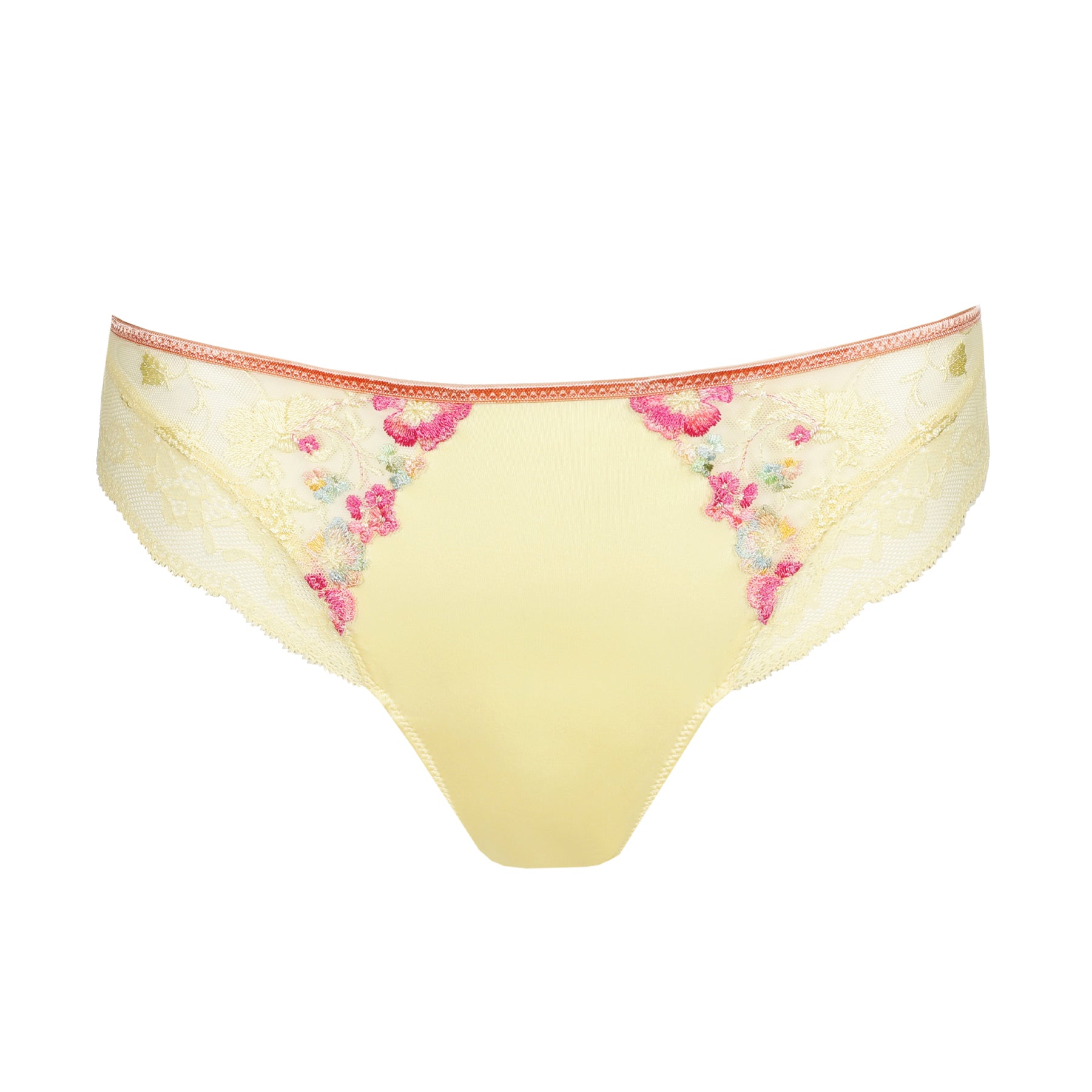 Pale yellow bikini underwear with smooth front panel and floral embroidery detail displayed on white background.