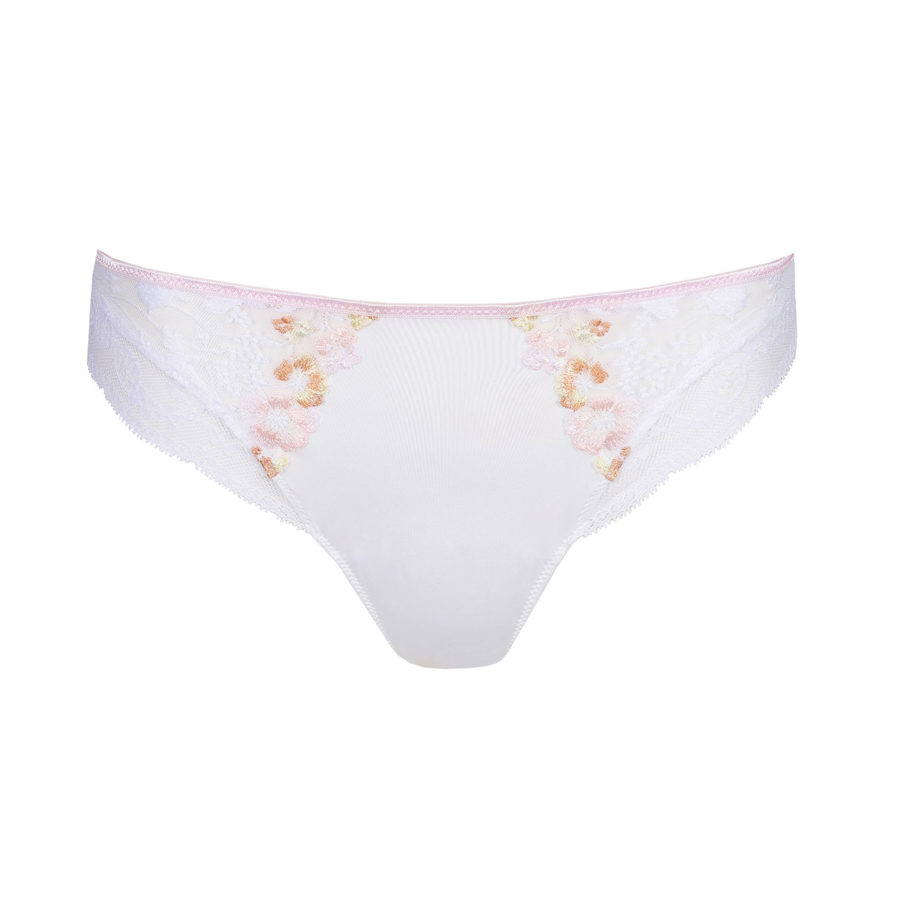 Flat-lay product image of a white panty with pastel floral embroidery and lace accents, set against a plain white background.