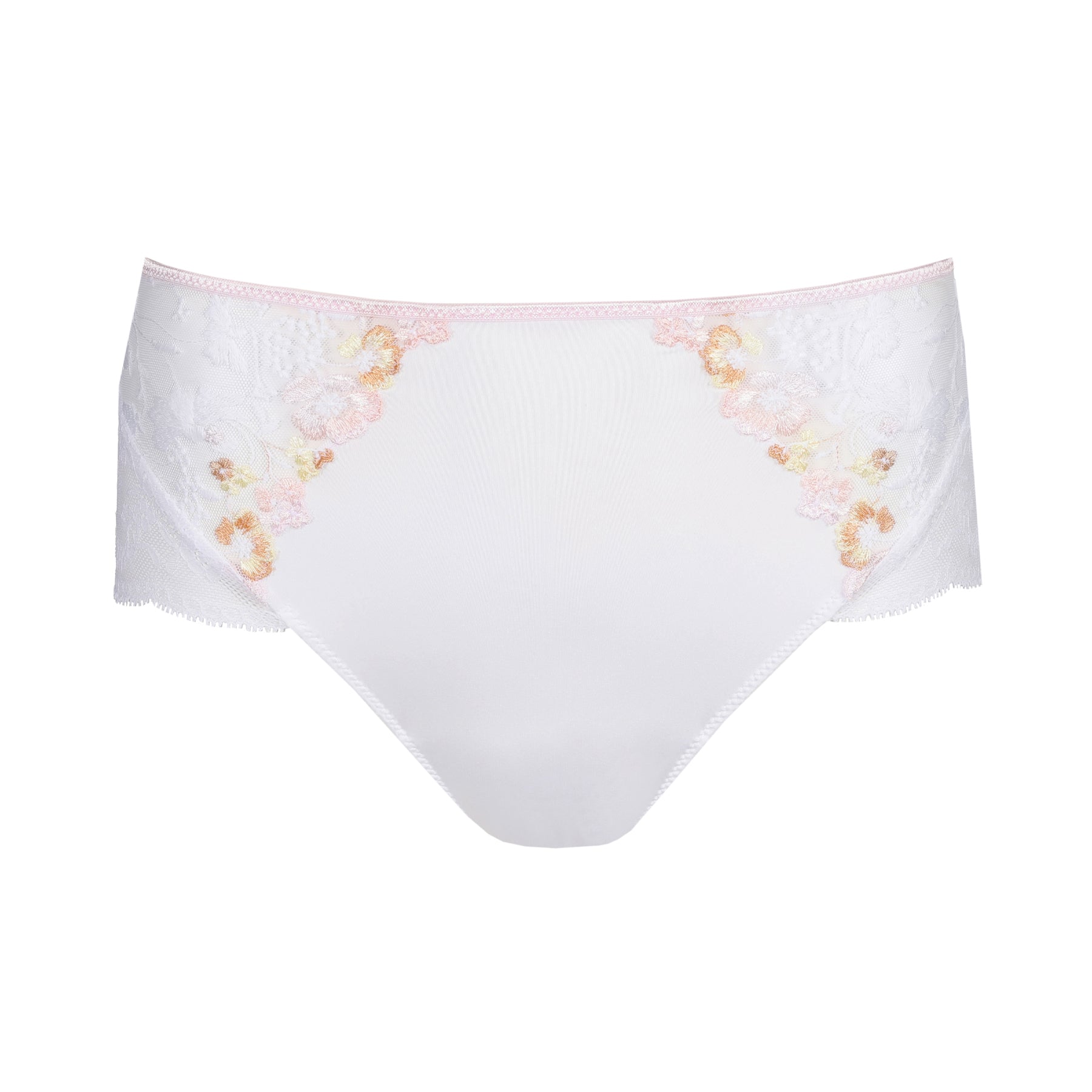 Flat-lay product image of a high-waisted white panty with pastel floral embroidery and lace accents, set against a plain white background.