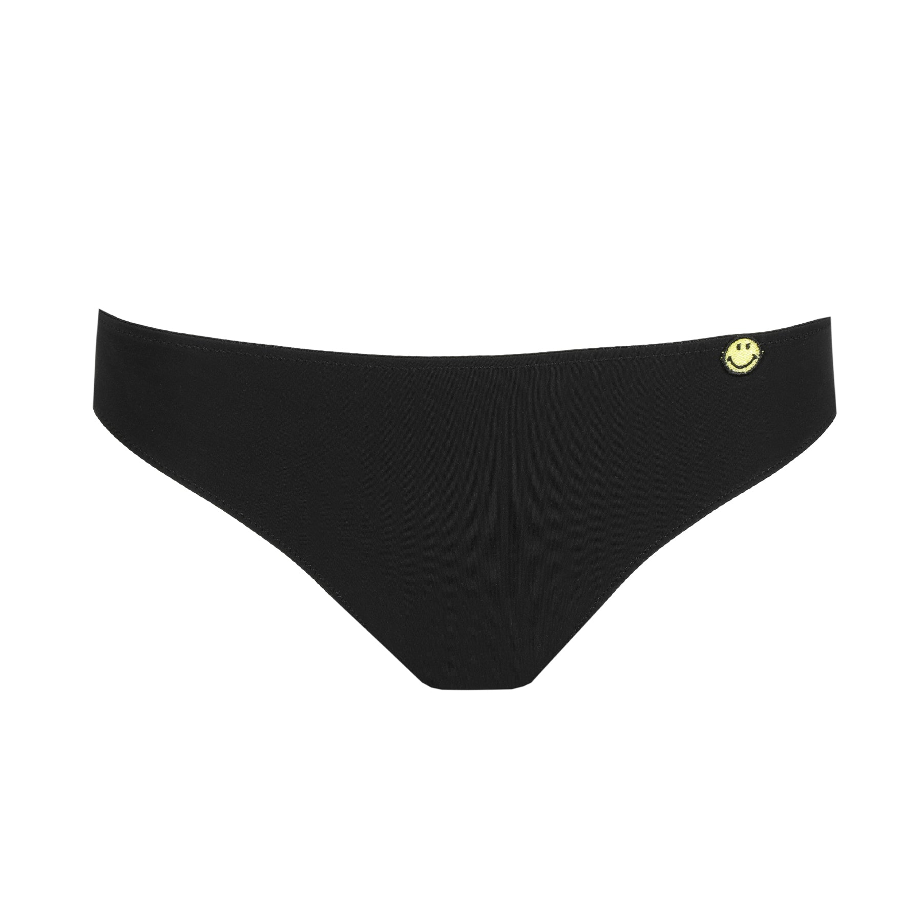 Black thong with yellow smiley embroidery on hip - flat front view on white background.