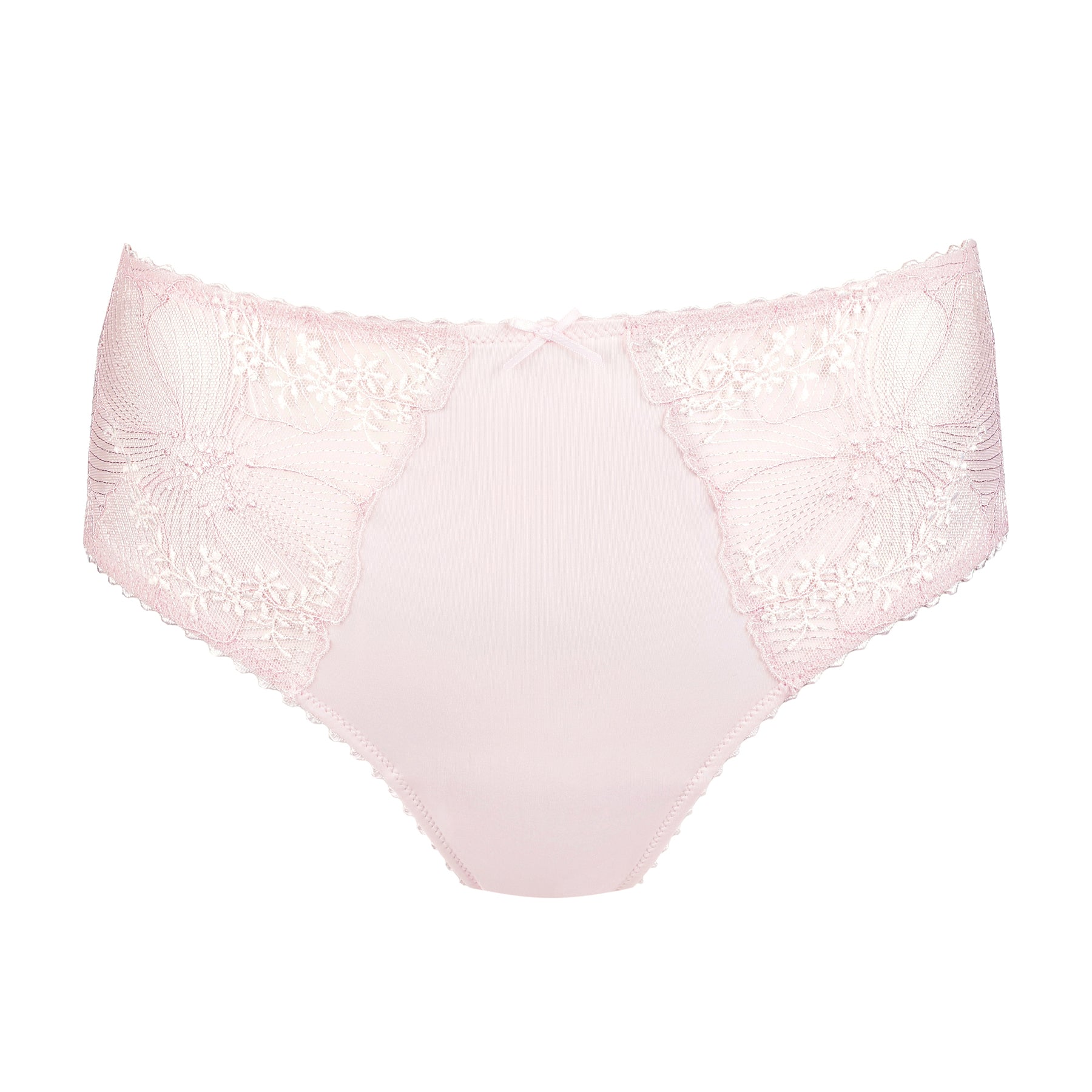 Soft blush pink full brief with a smooth microfiber front, delicate floral lace panels, and a petite satin bow at the waistband.