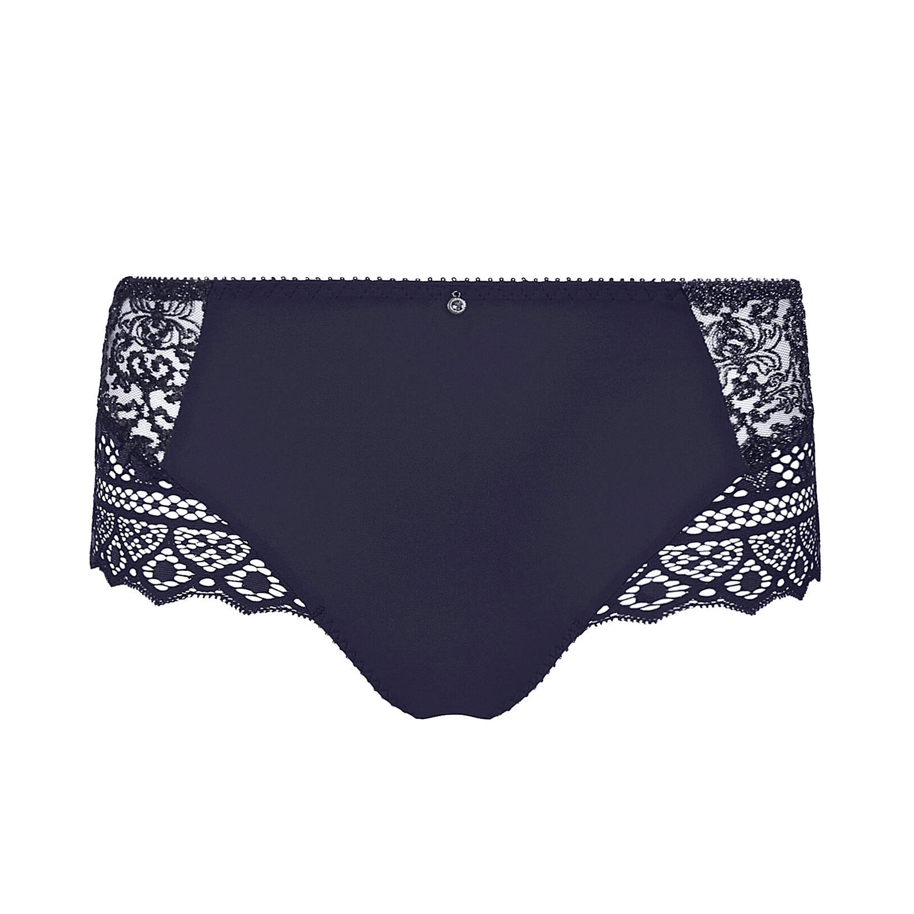 Navy blue underwear with lace trim on a white background