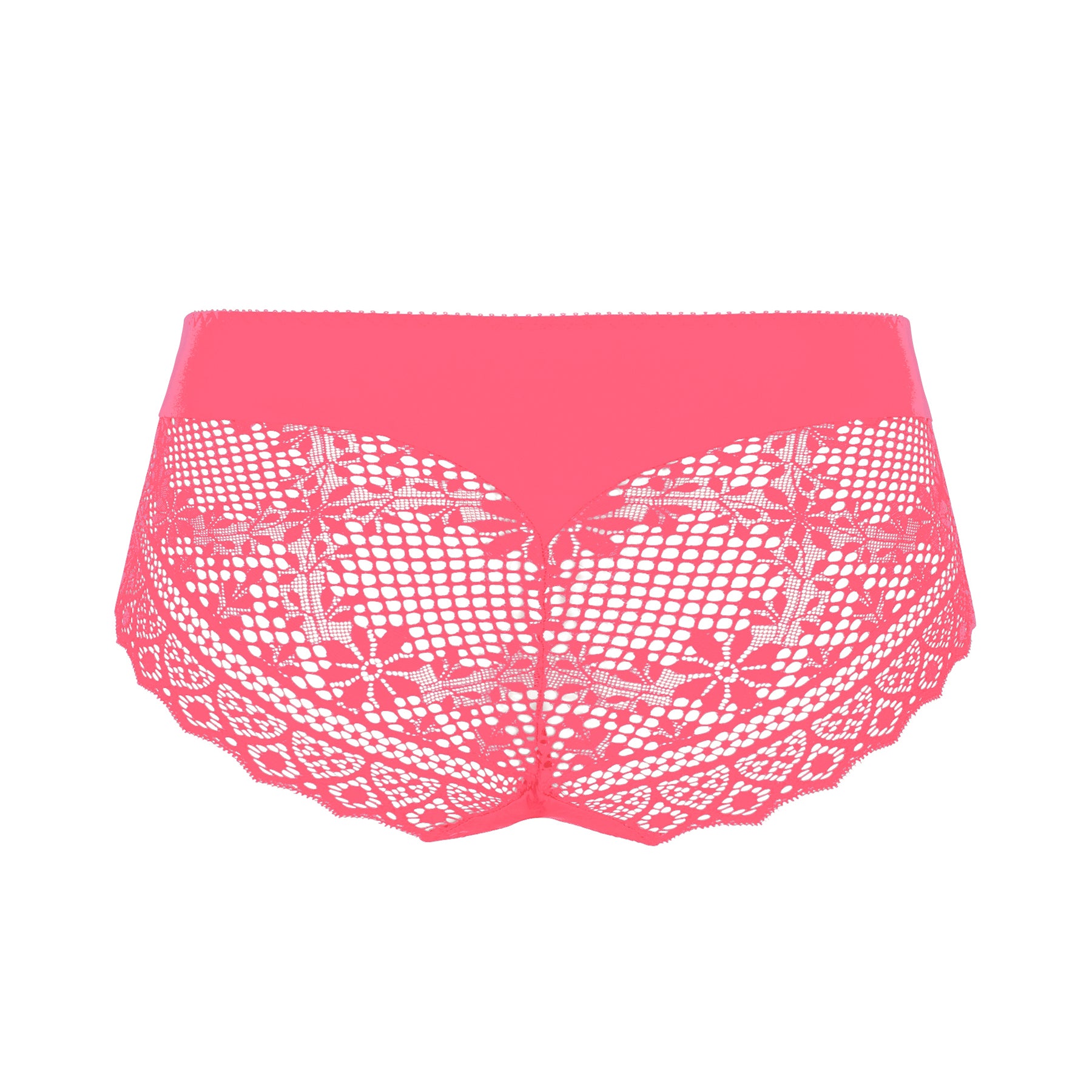 Back view of electric pink high-waist brief with sheer floral lace panels and smooth waistband