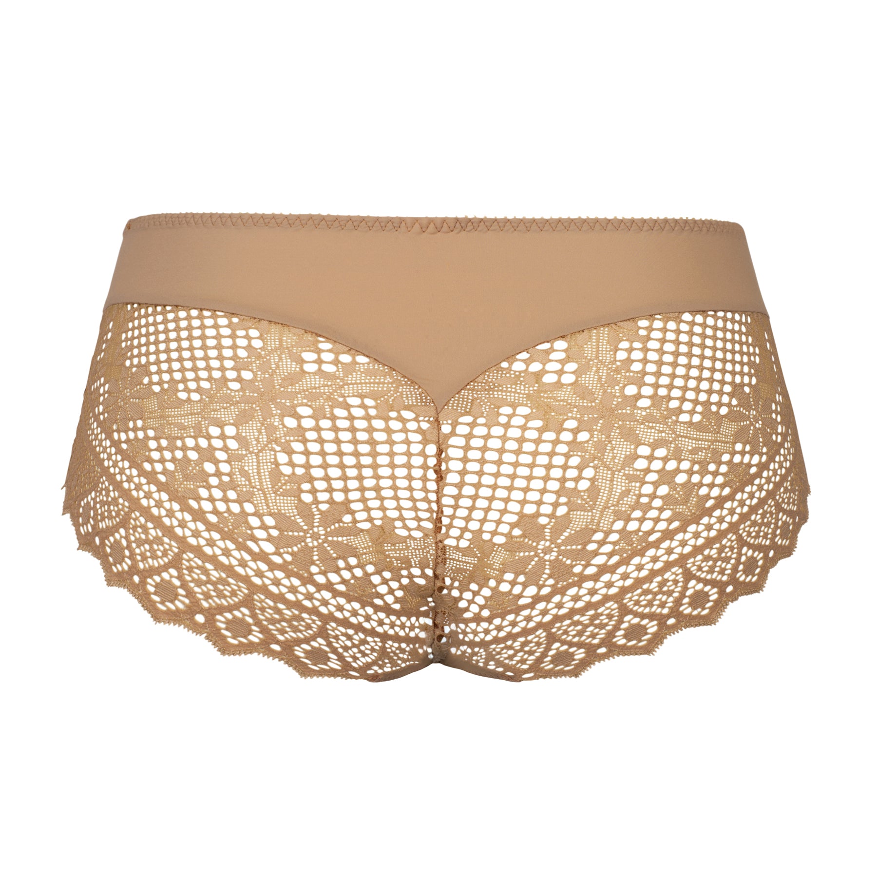 Back view of the Empreinte Cassiopée Full Brief in Gold, showcasing intricate geometric lace with floral motifs and a smooth waistband for a comfortable fit.